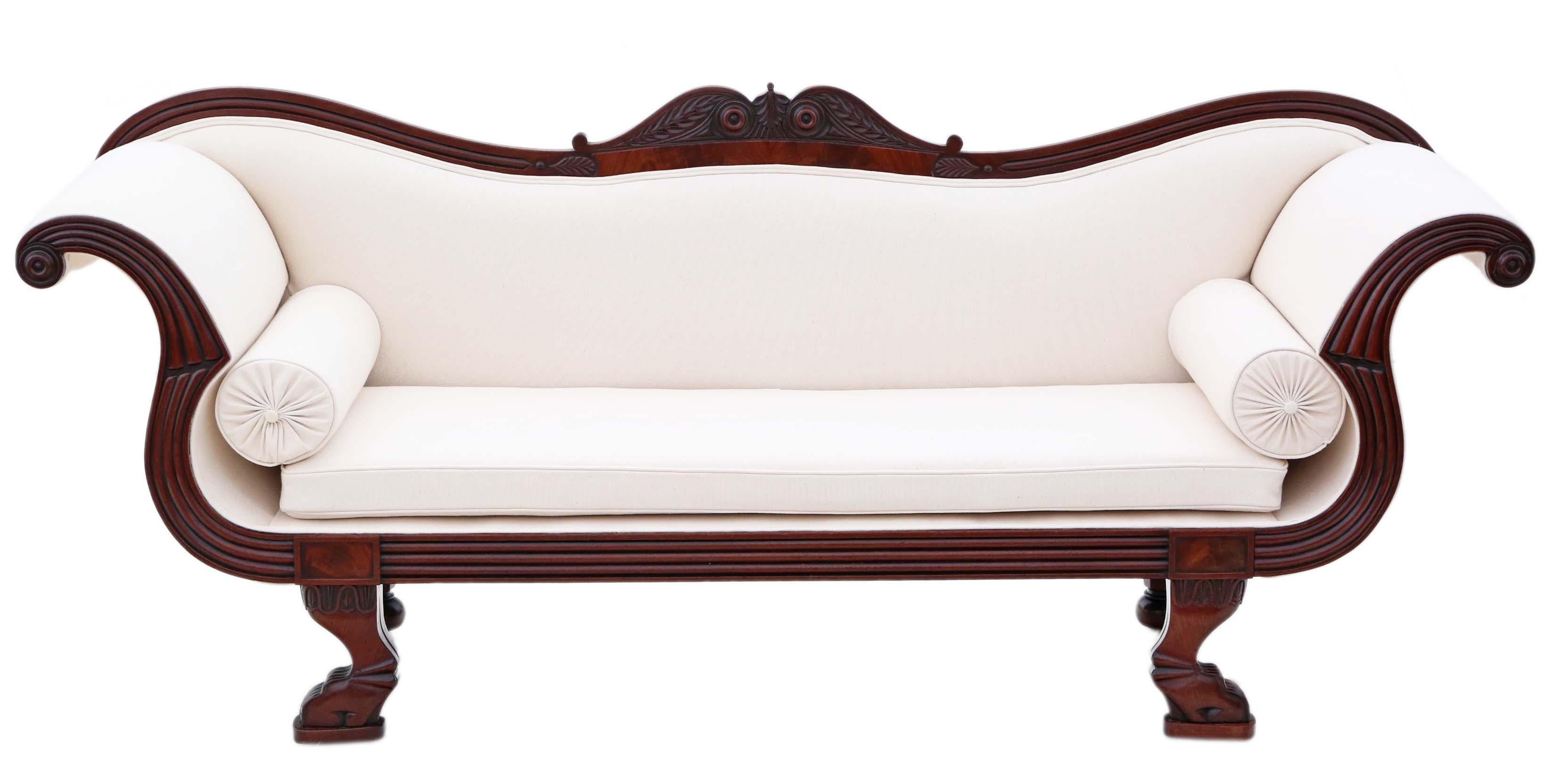 Antique 19th Century Mahogany Scroll Arm Sofa

This exceptional 19th Century mahogany scroll arm sofa is a stunning statement piece of the finest quality. With solid construction and no loose joints, it embodies age, character, and charm. The sofa
