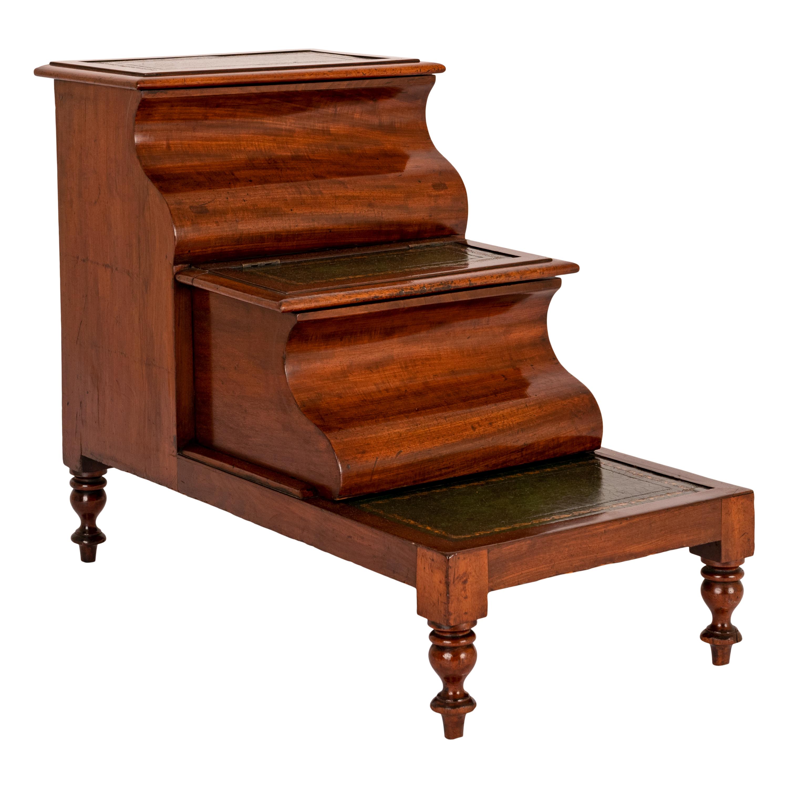High Victorian Antique 19th Century Mahogany Tooled & Gilded Leather Library Steps Commode 1860