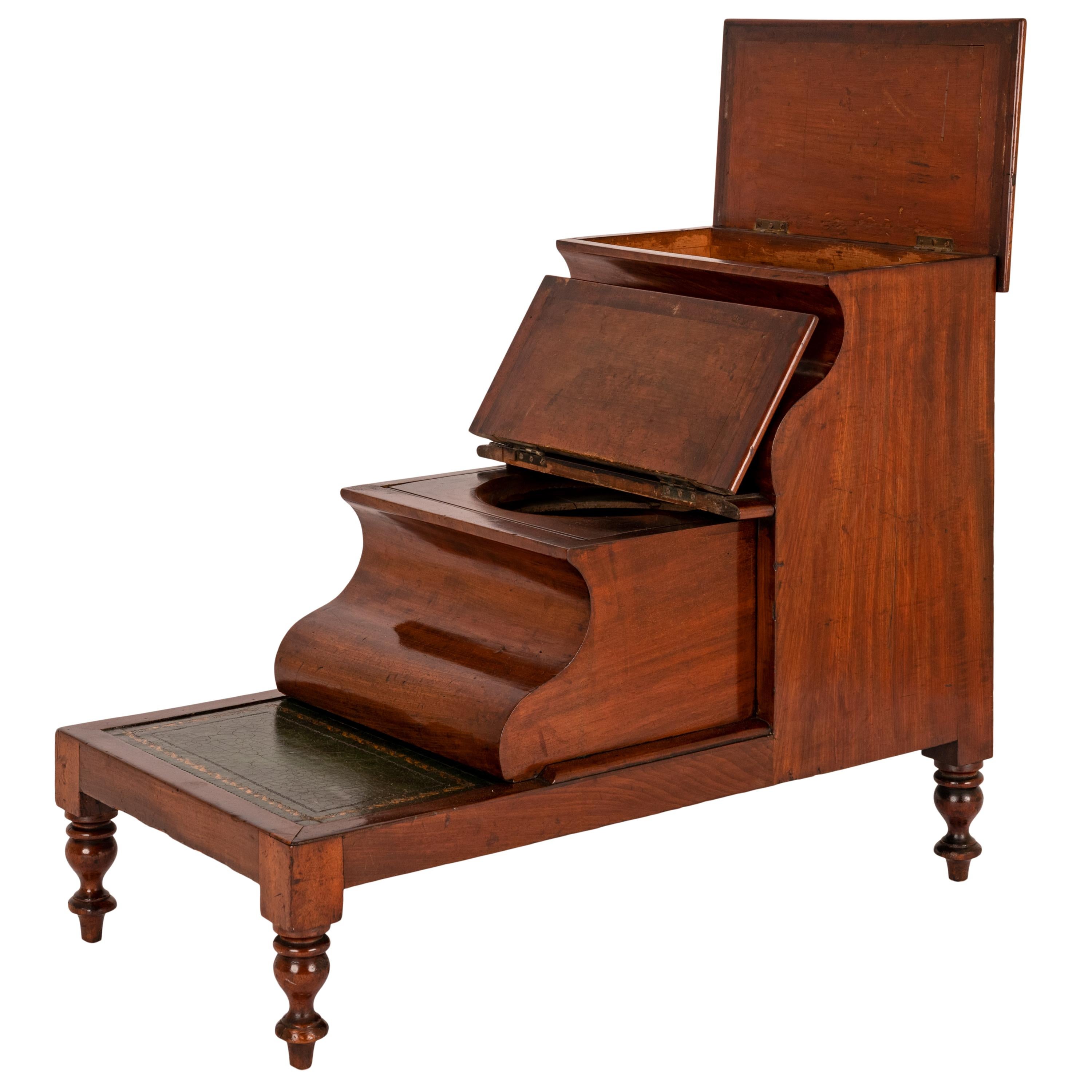 Mid-19th Century Antique 19th Century Mahogany Tooled & Gilded Leather Library Steps Commode 1860