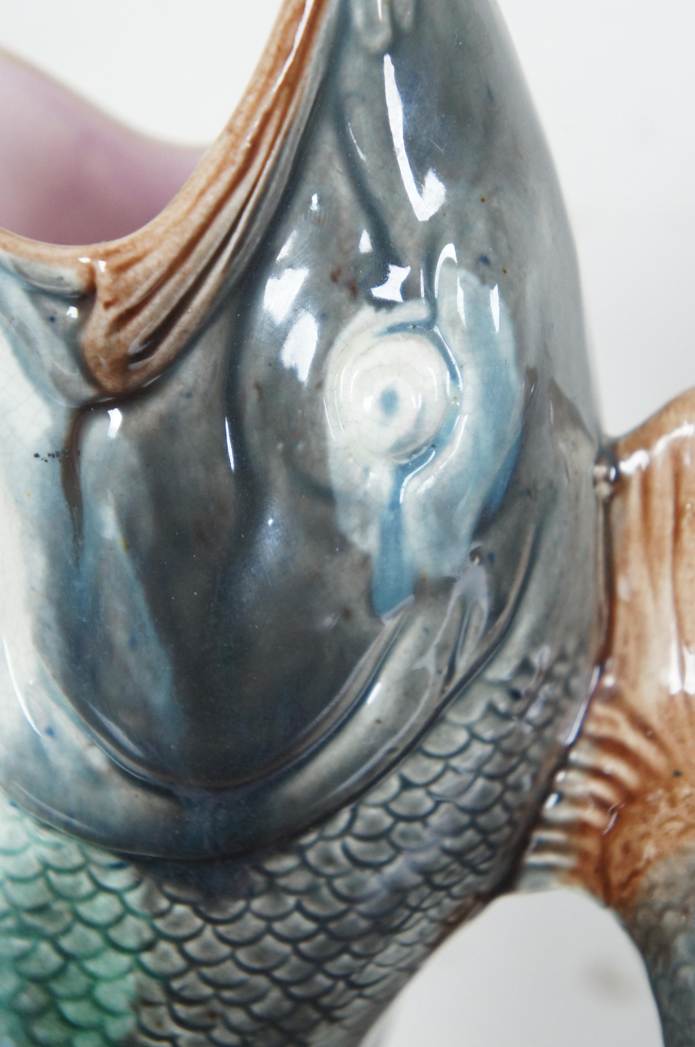 Antique 19th Century Majolica Gurgling Fish Jug Pitcher Vase Figurine 3