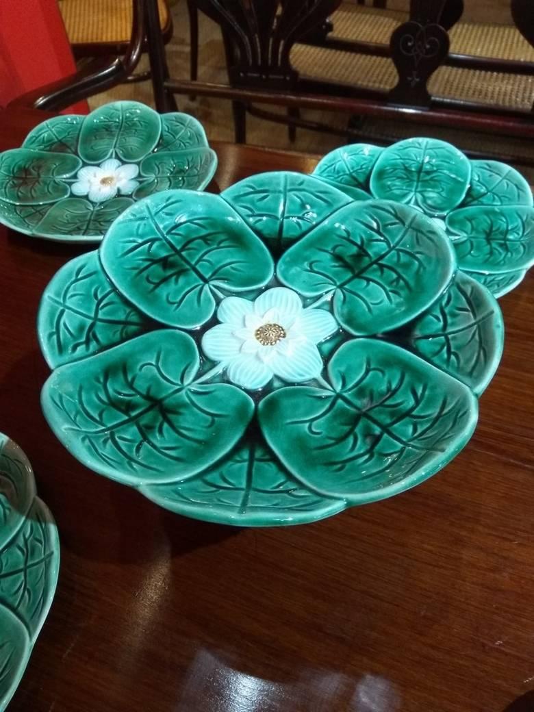Antique 19th Century Majolica Heron Lily Pad Plates and Compote In Excellent Condition In Paris, FR