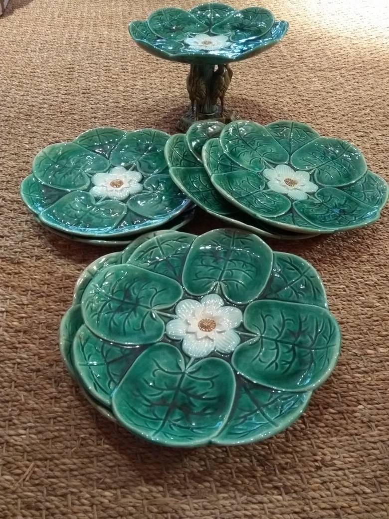 Antique 19th Century Majolica Heron Lily Pad Plates and Compote 1