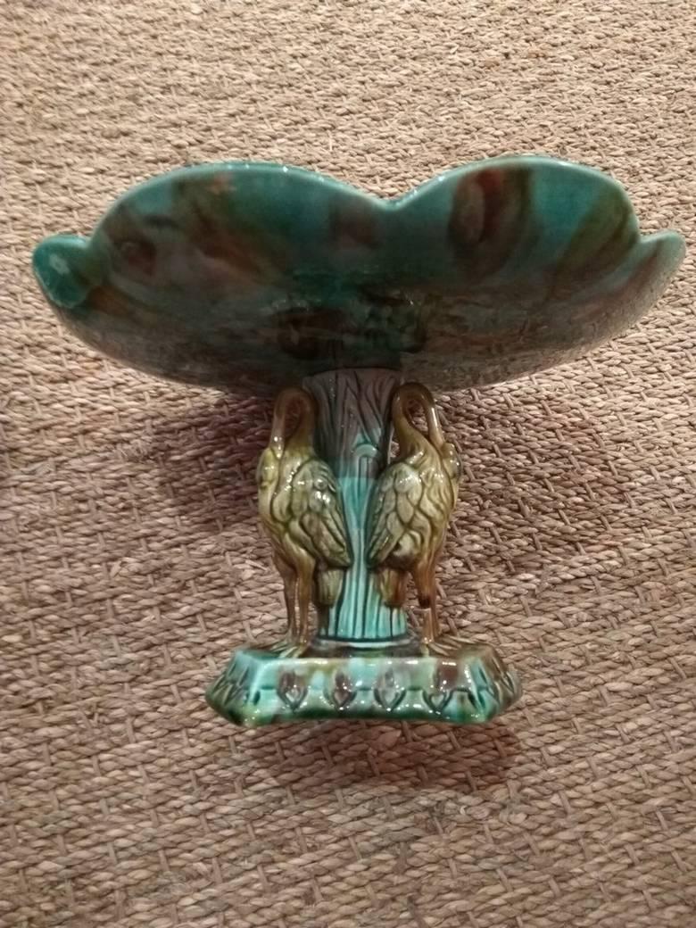 Antique 19th Century Majolica Heron Lily Pad Plates and Compote 2