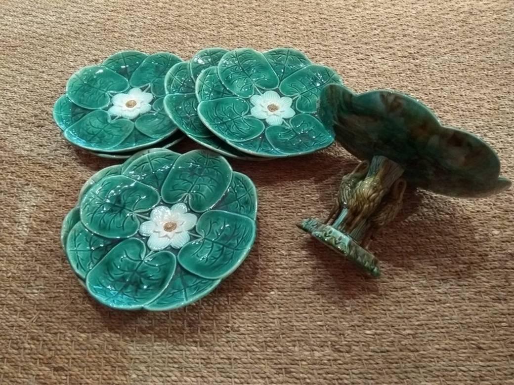Antique 19th Century Majolica Heron Lily Pad Plates and Compote 5