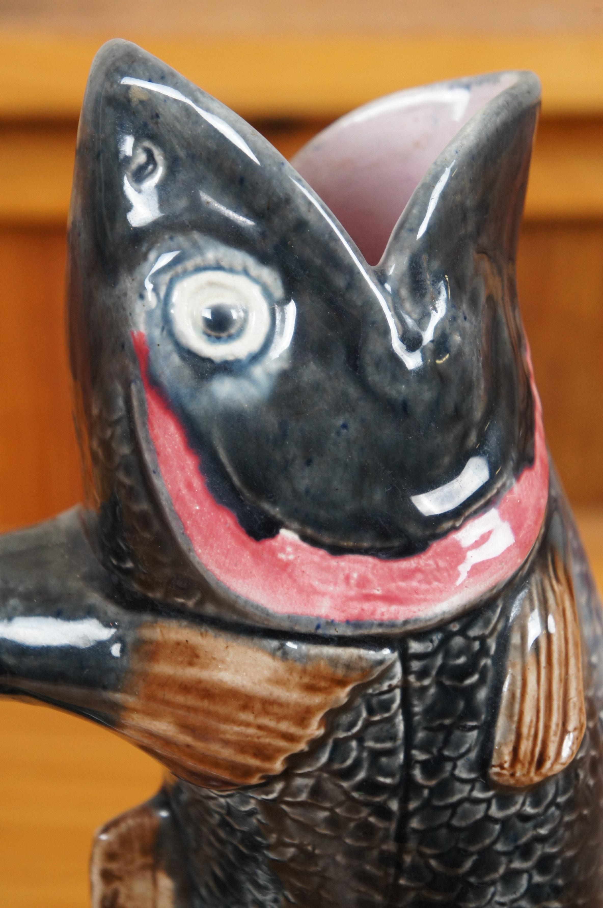 Antica brocca in maiolica del XIX secolo in porcellana Gurgle Gluggle Fish Jug 11