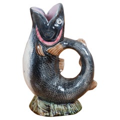 Antiquité 19ème siècle Majolique Porcelaine Gurgle Gluggle Fish Pitcher Jug 11" (pichet à poisson)