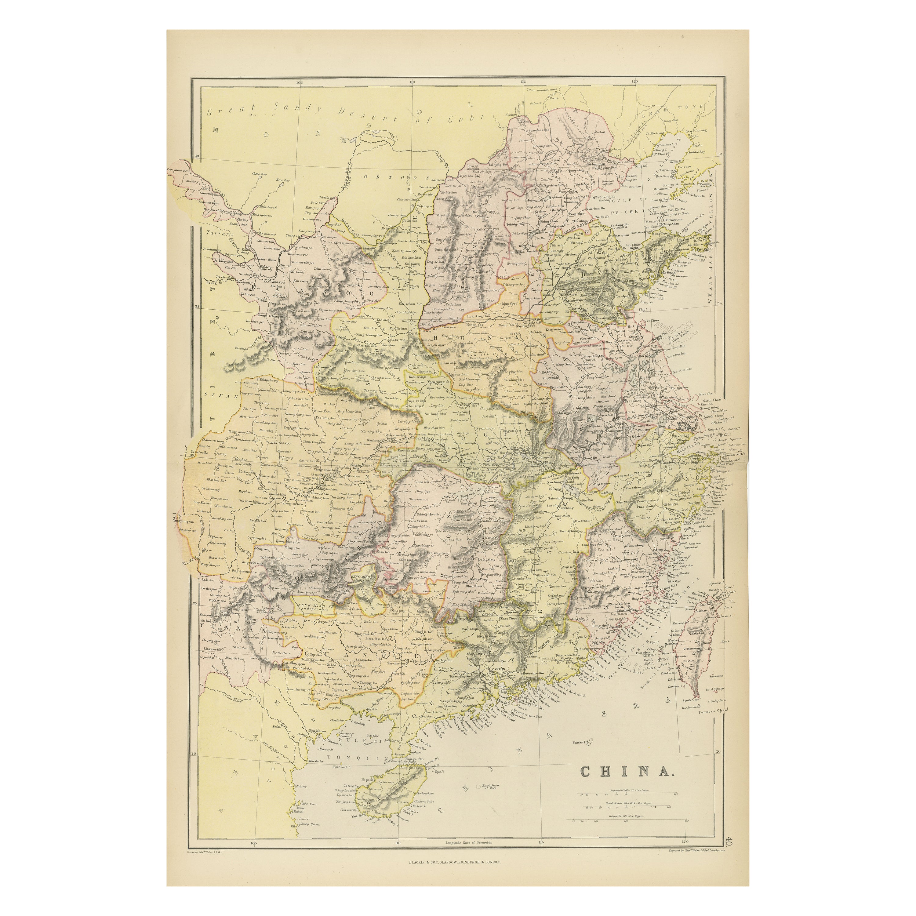 Antica mappa della Cina del XIX secolo di Blackie & Son, 1882