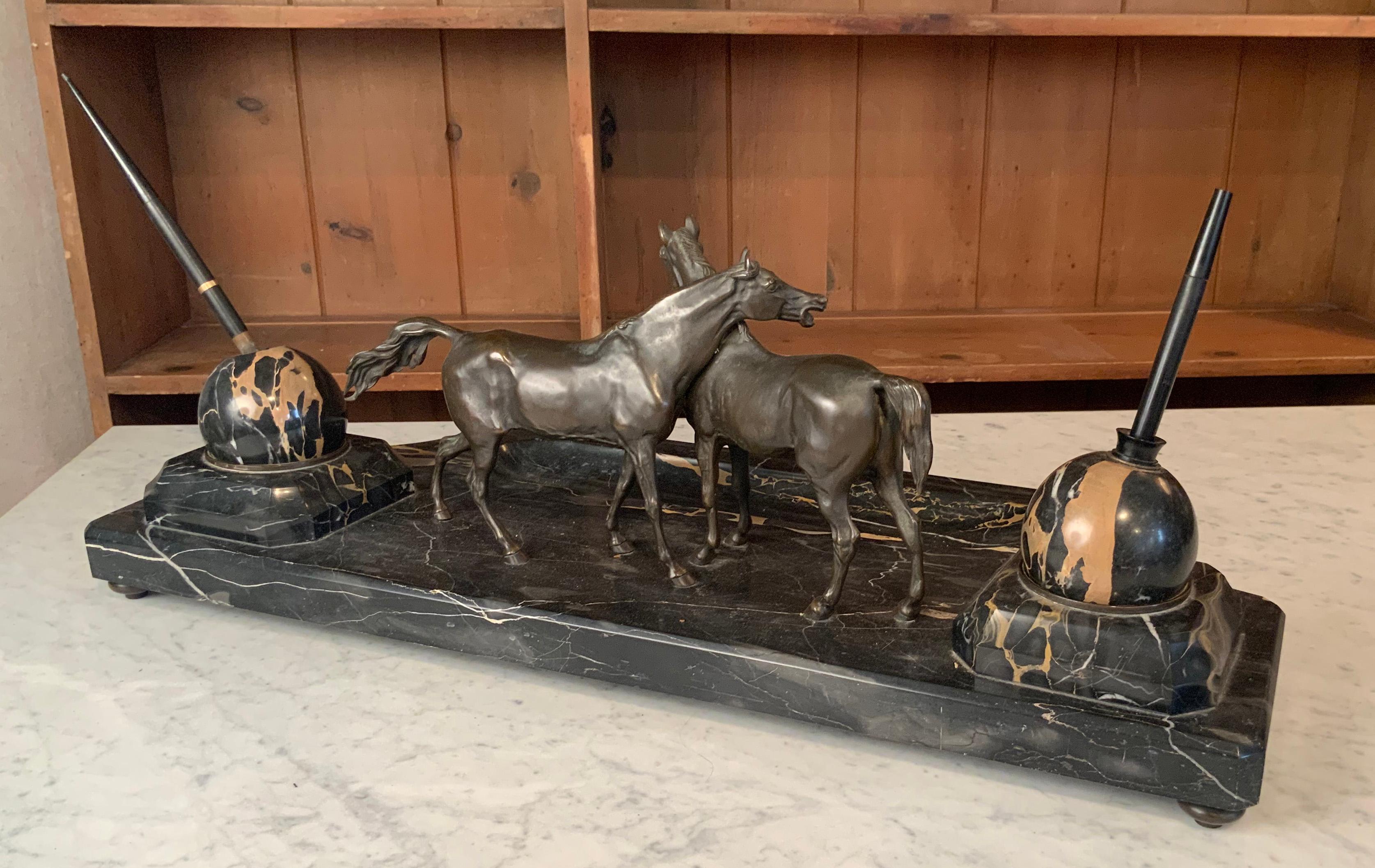 Antique 19th Century Marble & Bronze Horses Desk Set with Inkwells & Blotter 6