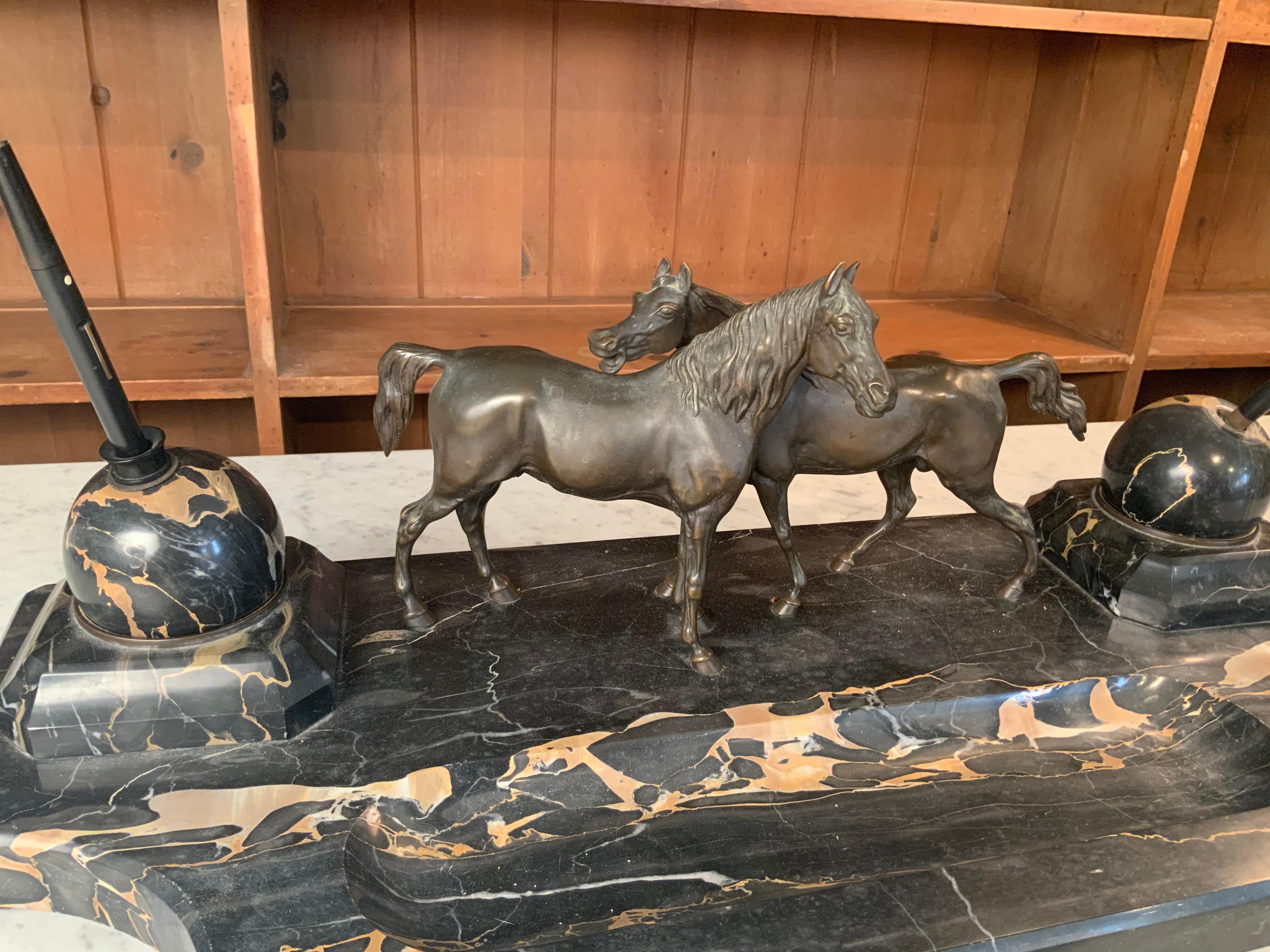 Italian Antique 19th Century Marble & Bronze Horses Desk Set with Inkwells & Blotter