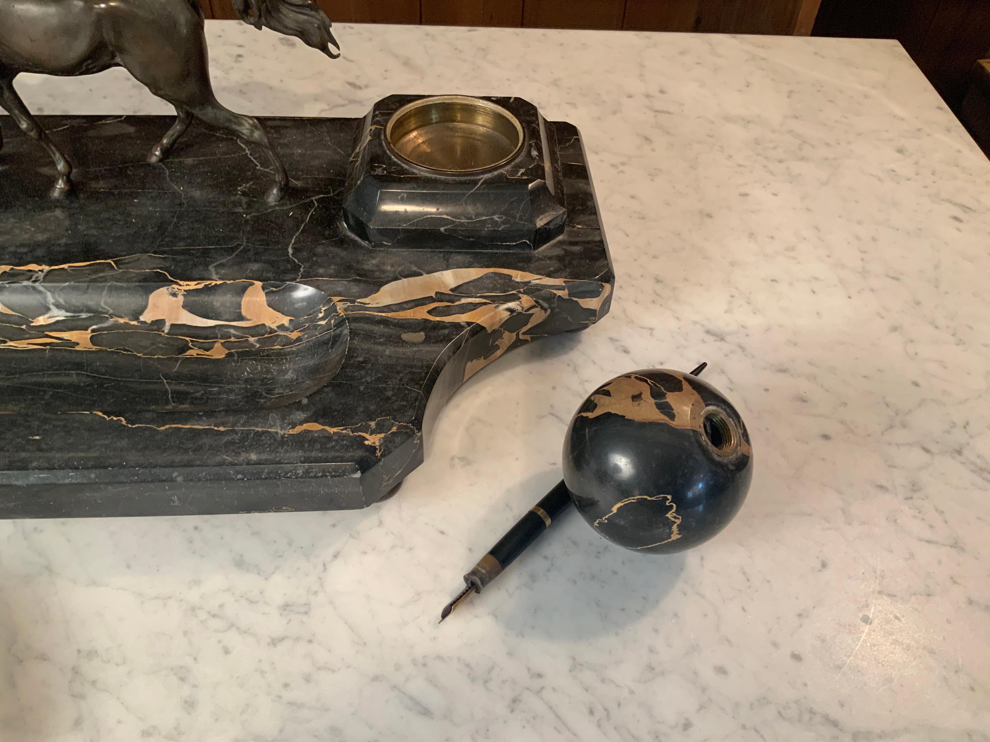 Antique 19th Century Marble & Bronze Horses Desk Set with Inkwells & Blotter 2