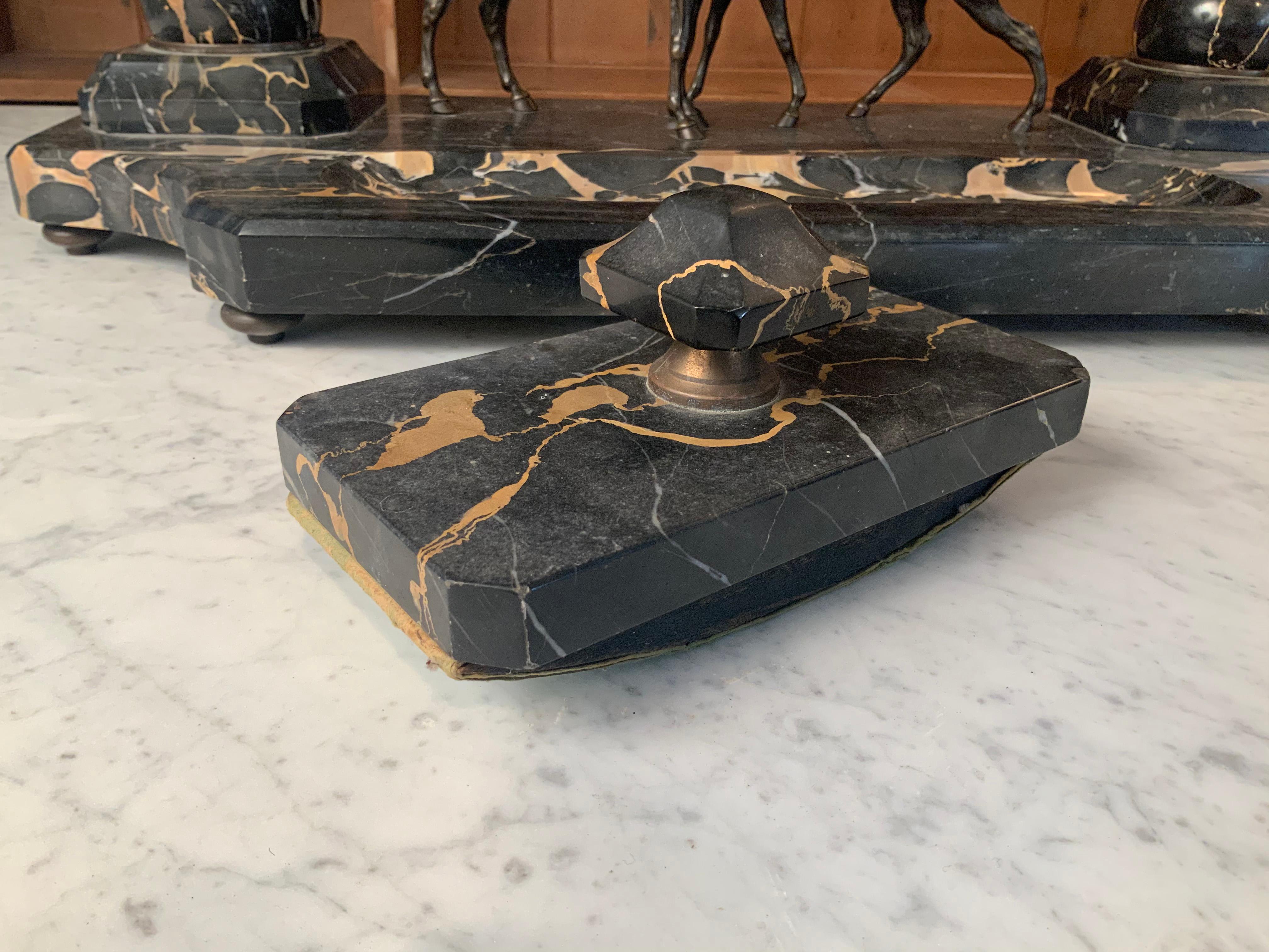 Antique 19th Century Marble & Bronze Horses Desk Set with Inkwells & Blotter 3