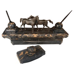 Antique 19th Century Marble & Bronze Horses Desk Set with Inkwells & Blotter