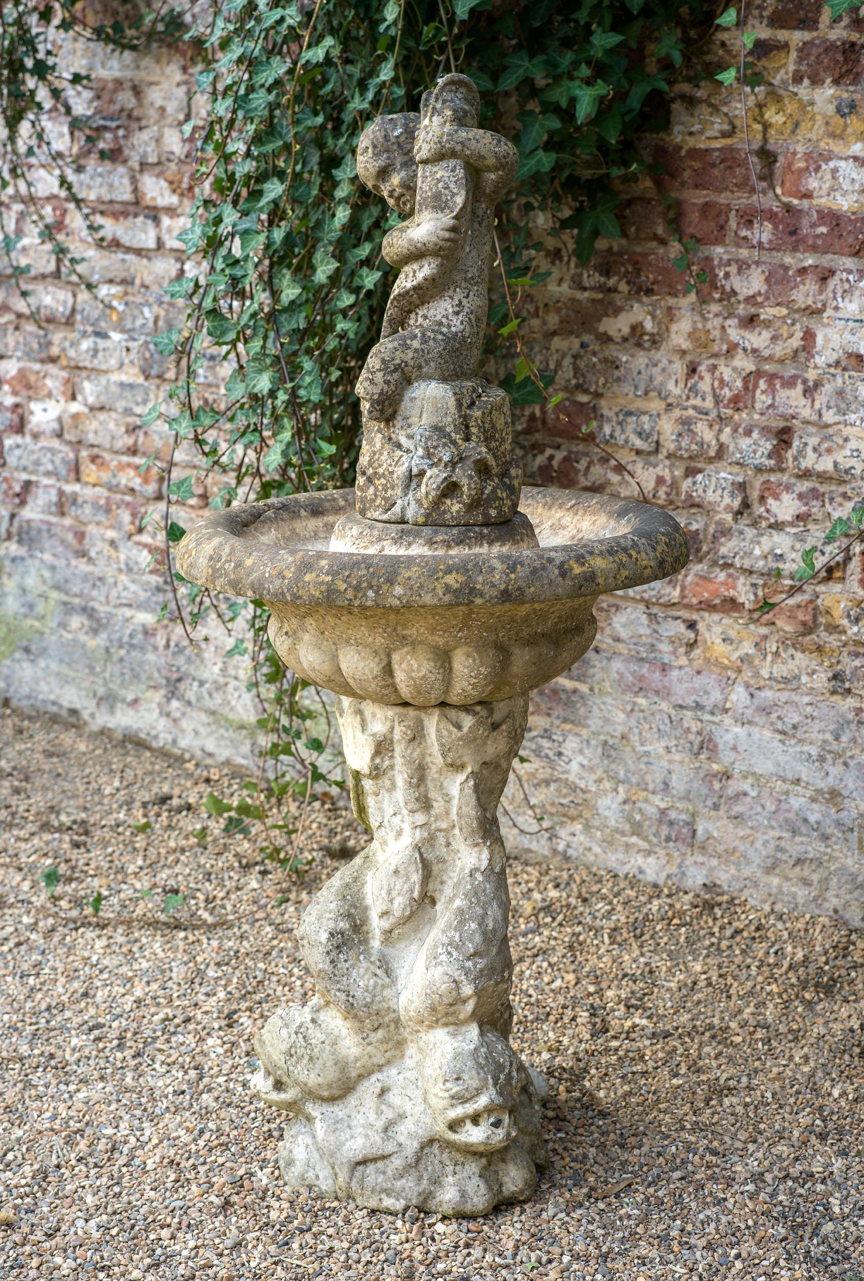 Rococo Antique 19th Century Marble Fountain with Dolphins and Putto For Sale
