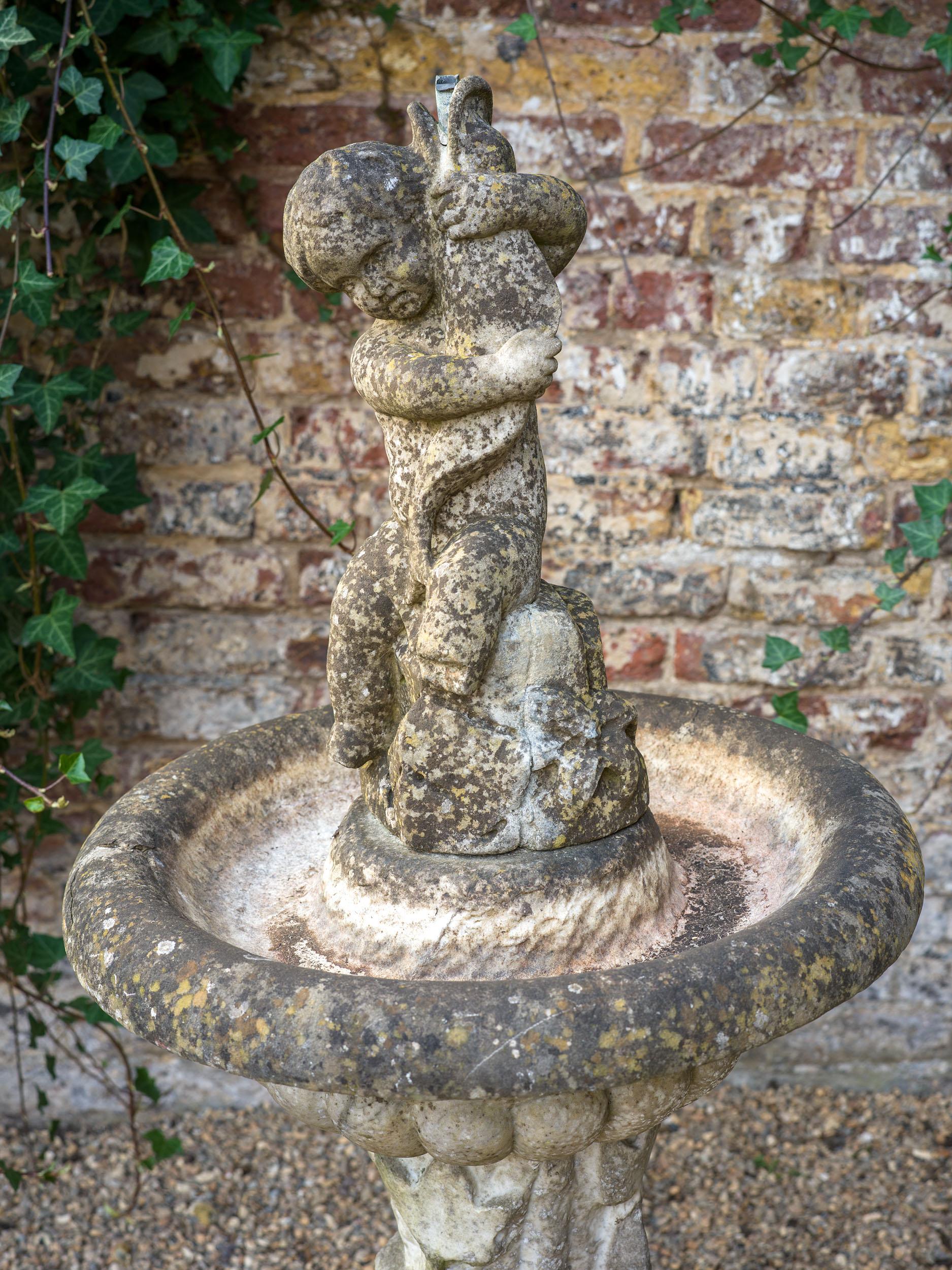 Antique 19th Century Marble Fountain with Dolphins and Putto In Distressed Condition For Sale In London, GB
