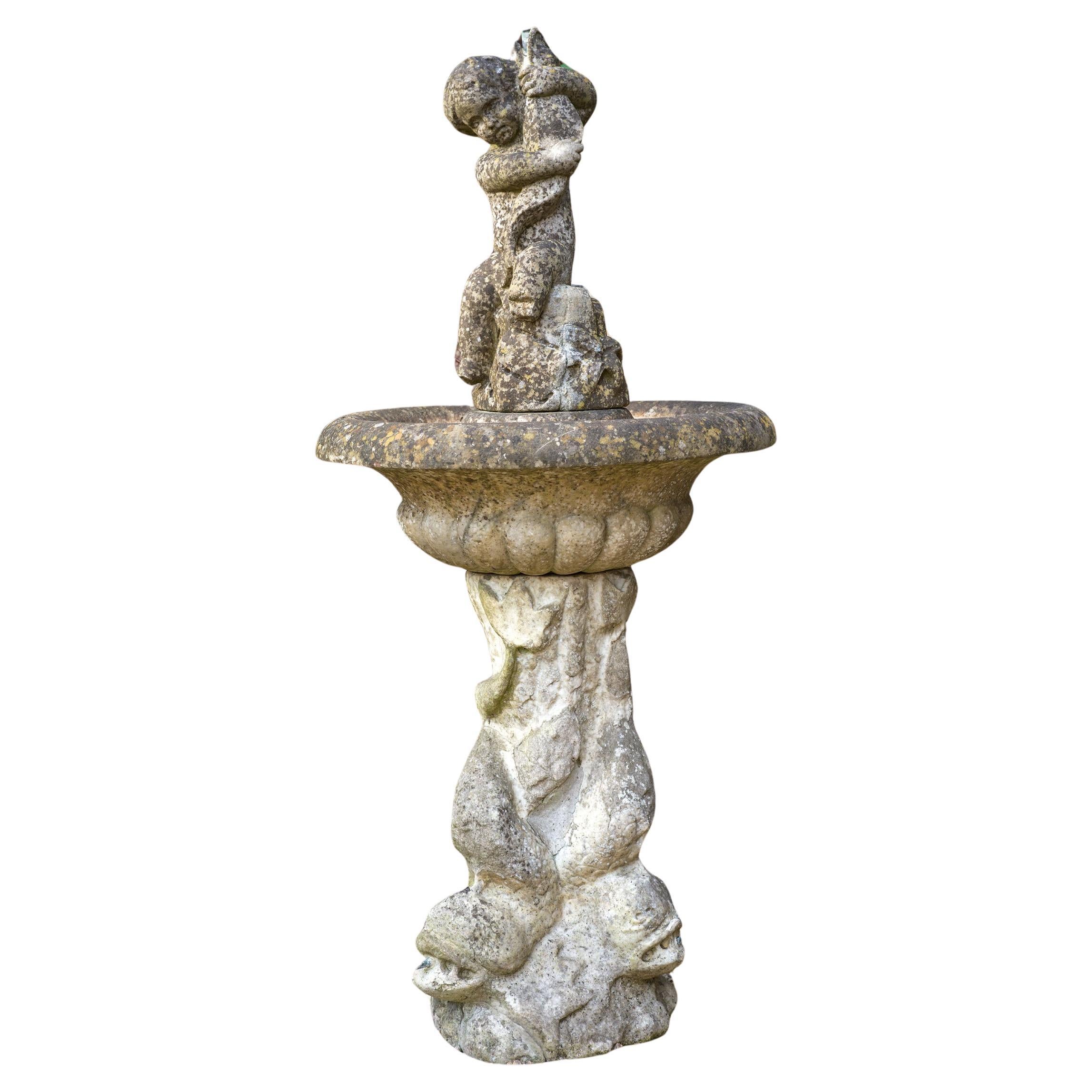 Antique 19th Century Marble Fountain with Dolphins and Putto For Sale