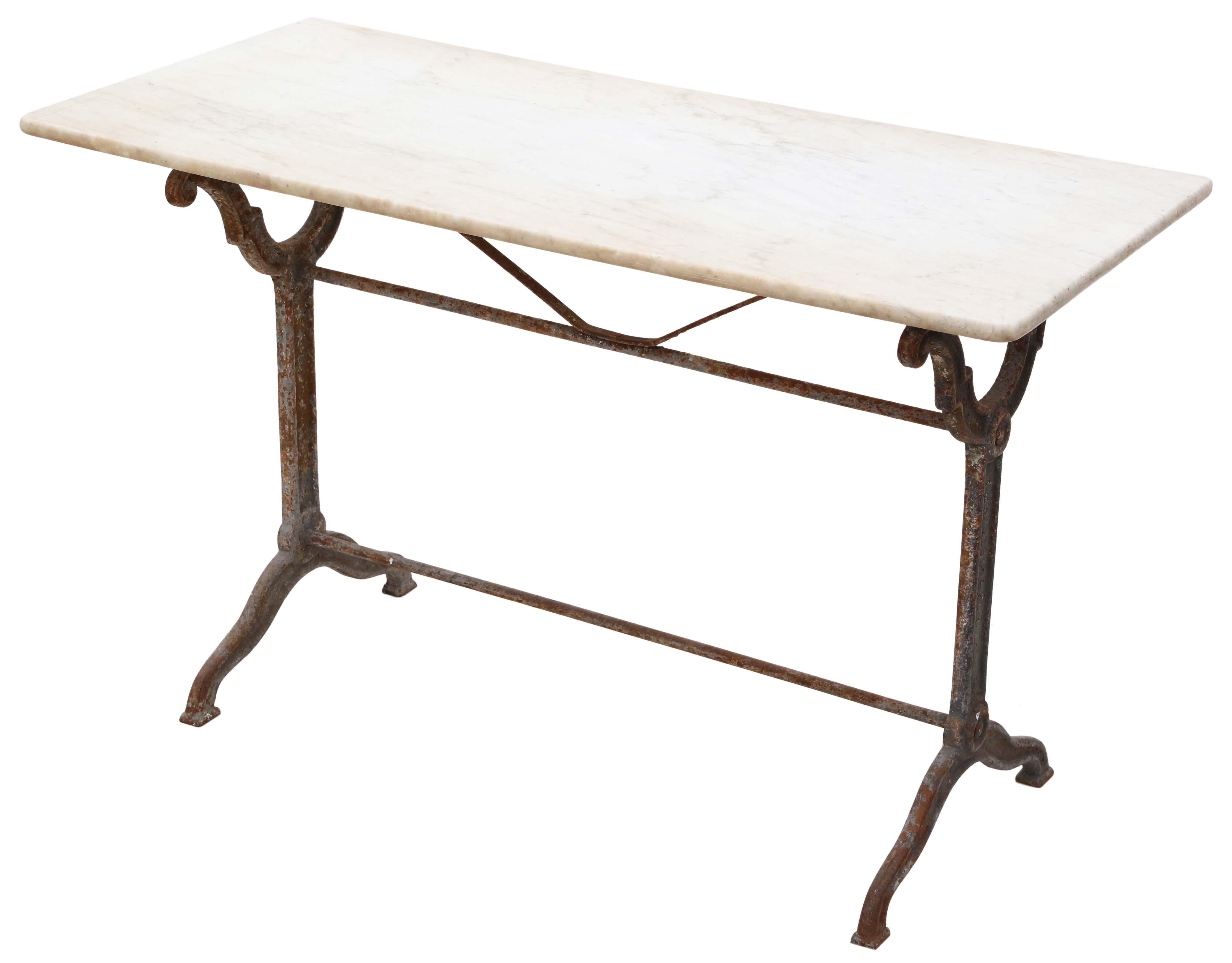 Antique 19th Century marble and cast iron patisserie bistro kitchen garden dining table .

Distressed grey paint to base and a patinated/worn unfixed marble top with no cracks or repairs.

Solid, heavy and strong, with no loose joints or