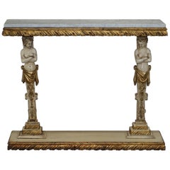 Table console ancienne du 19e siècle en bois sculpté et marbré (Herm / Buste de bateau)