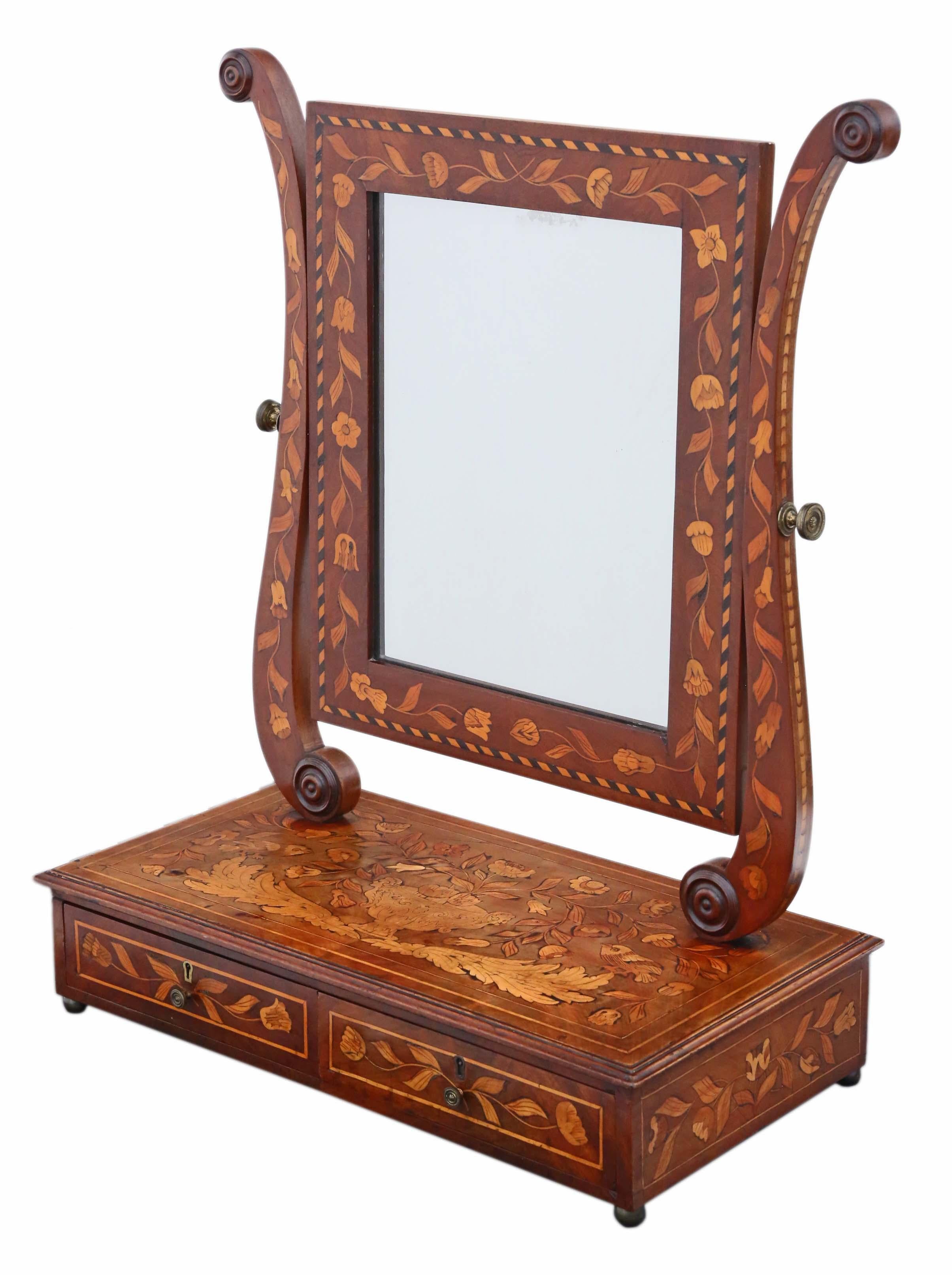 Antique fine quality 19th century marquetry dressing table, swing or toilet mirror. Possibly Dutch origins.

This is a lovely mirror, that is full of age and charm, with great proportions.

No loose joints and no woodworm. Original brass ball
