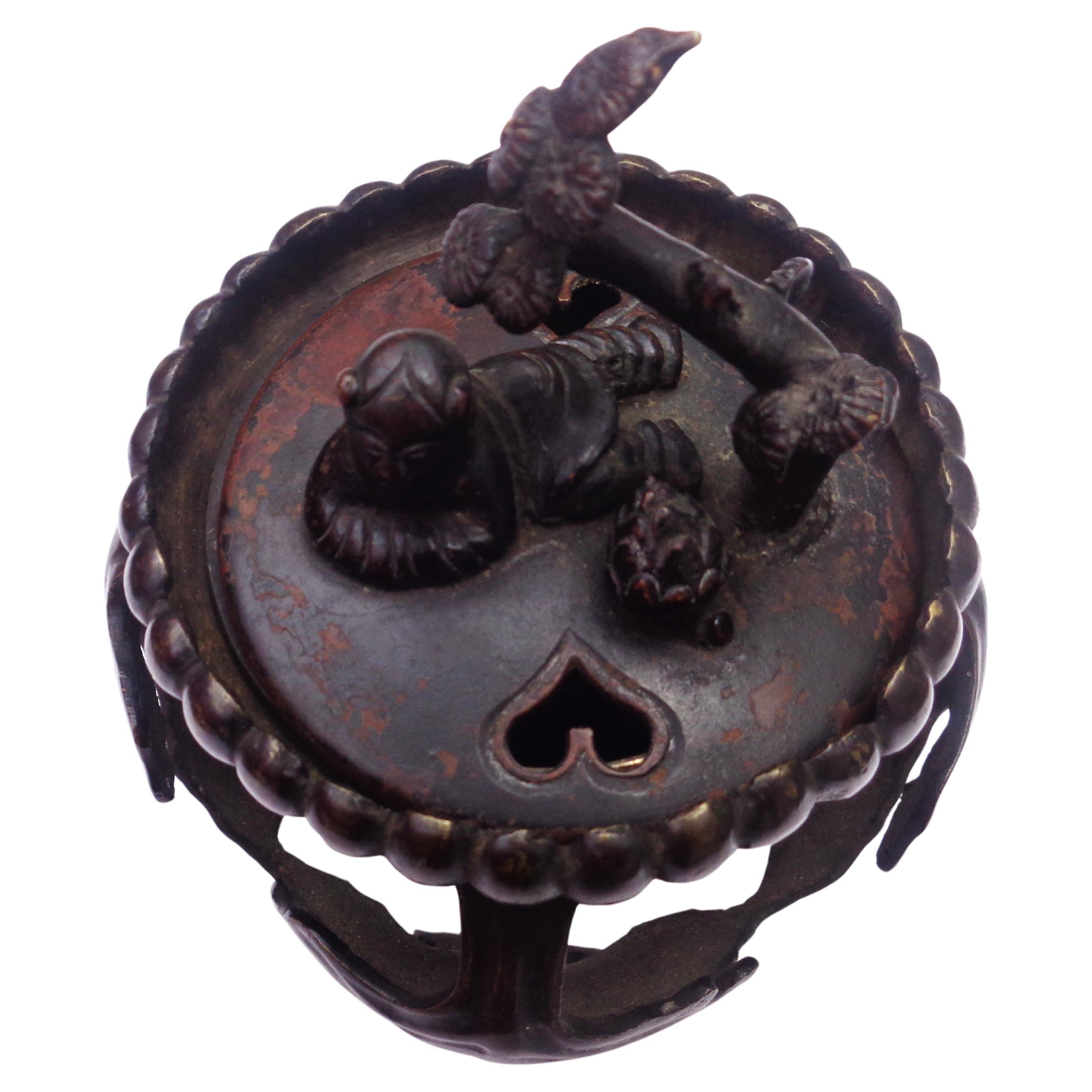 Antique 19th century Meiji period Japanese bronze censer. Top lid decorated with finely sculpted reclining anthropomorphic figure / bonsai tree / acorn and cut out hearts. Overall beautfully aged old color patina. Look at all pictures and read