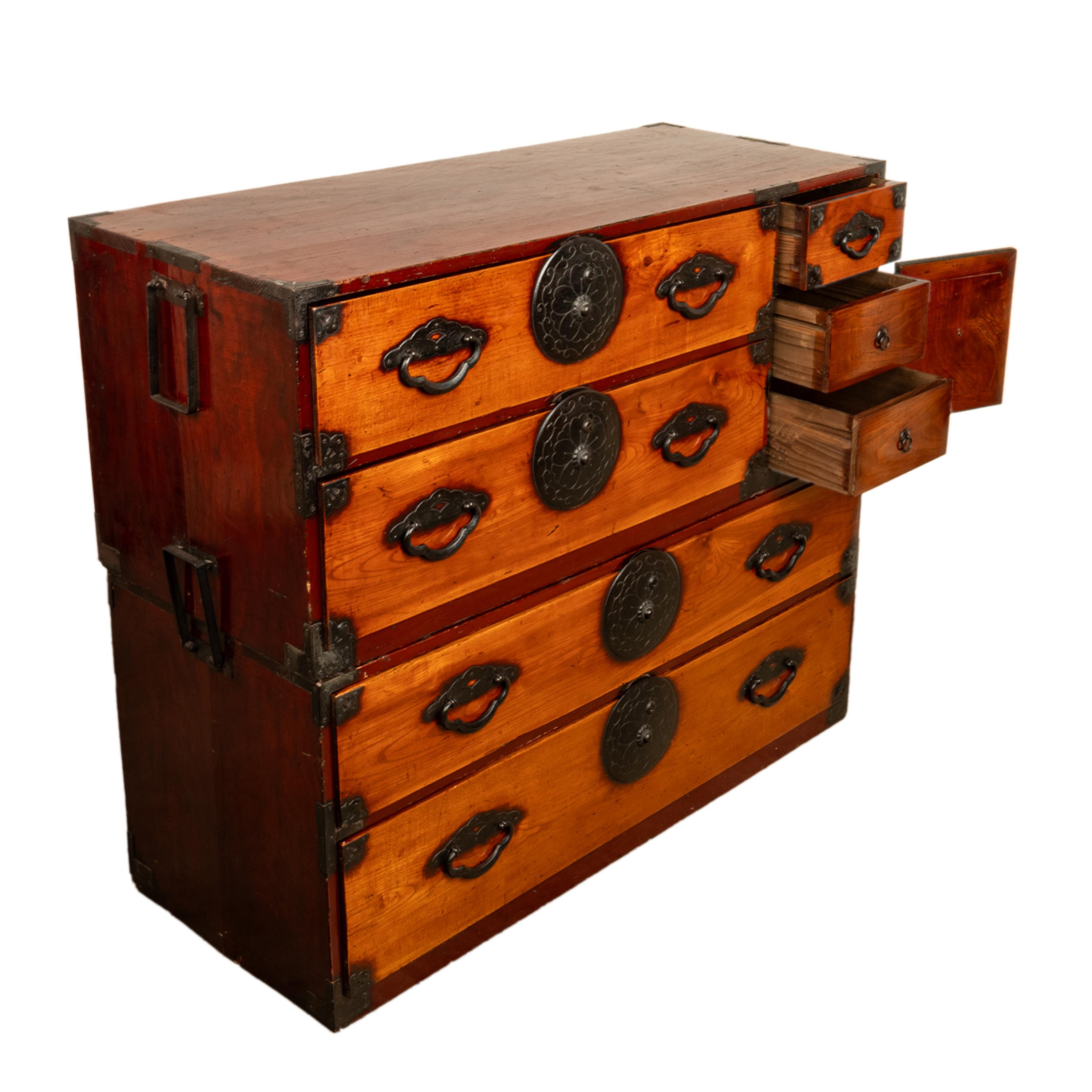 Late 19th Century Antique 19th Century Meiji Period Japanese Tansu Isho Dansu Two Section Chest  For Sale