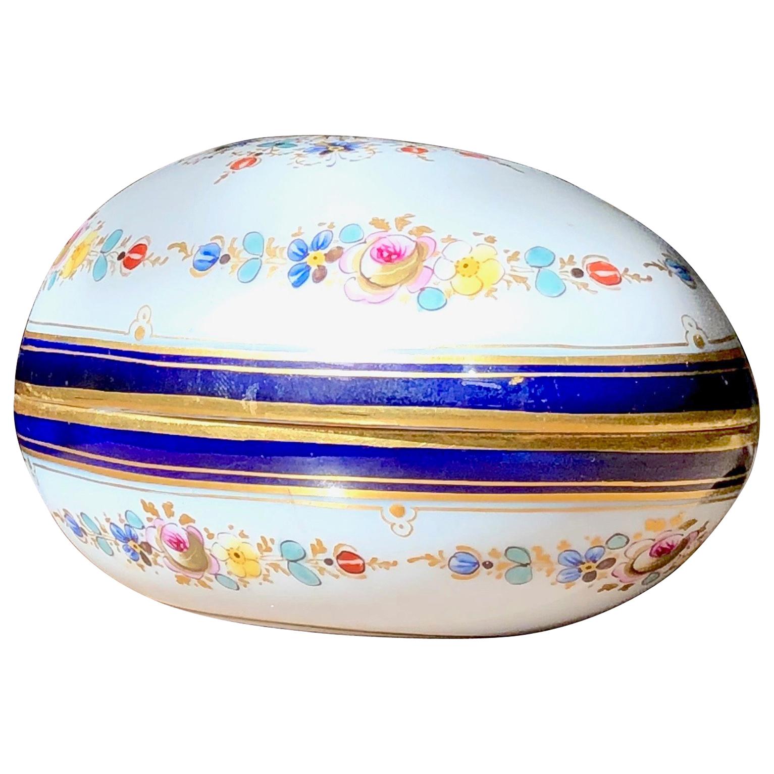 Large Limoges Porcelain Egg shaped trinket box with lid Hand Painted Floral design