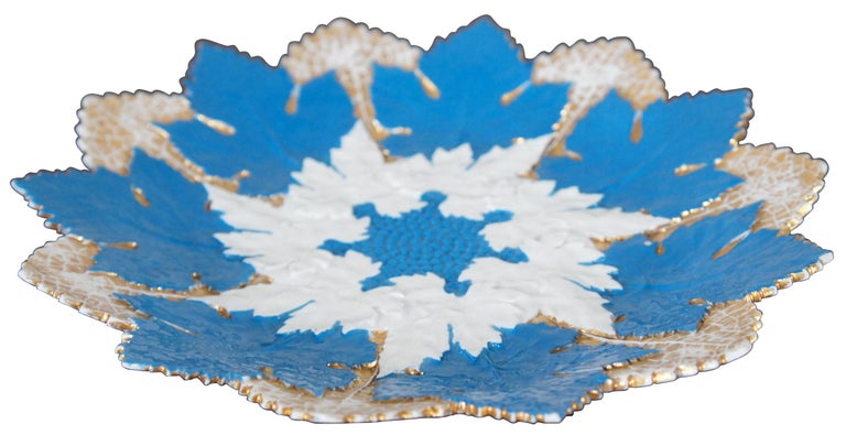 Antique 19th century Meissen porcelain charger of overlapping leaves in white, blue and gold.
      