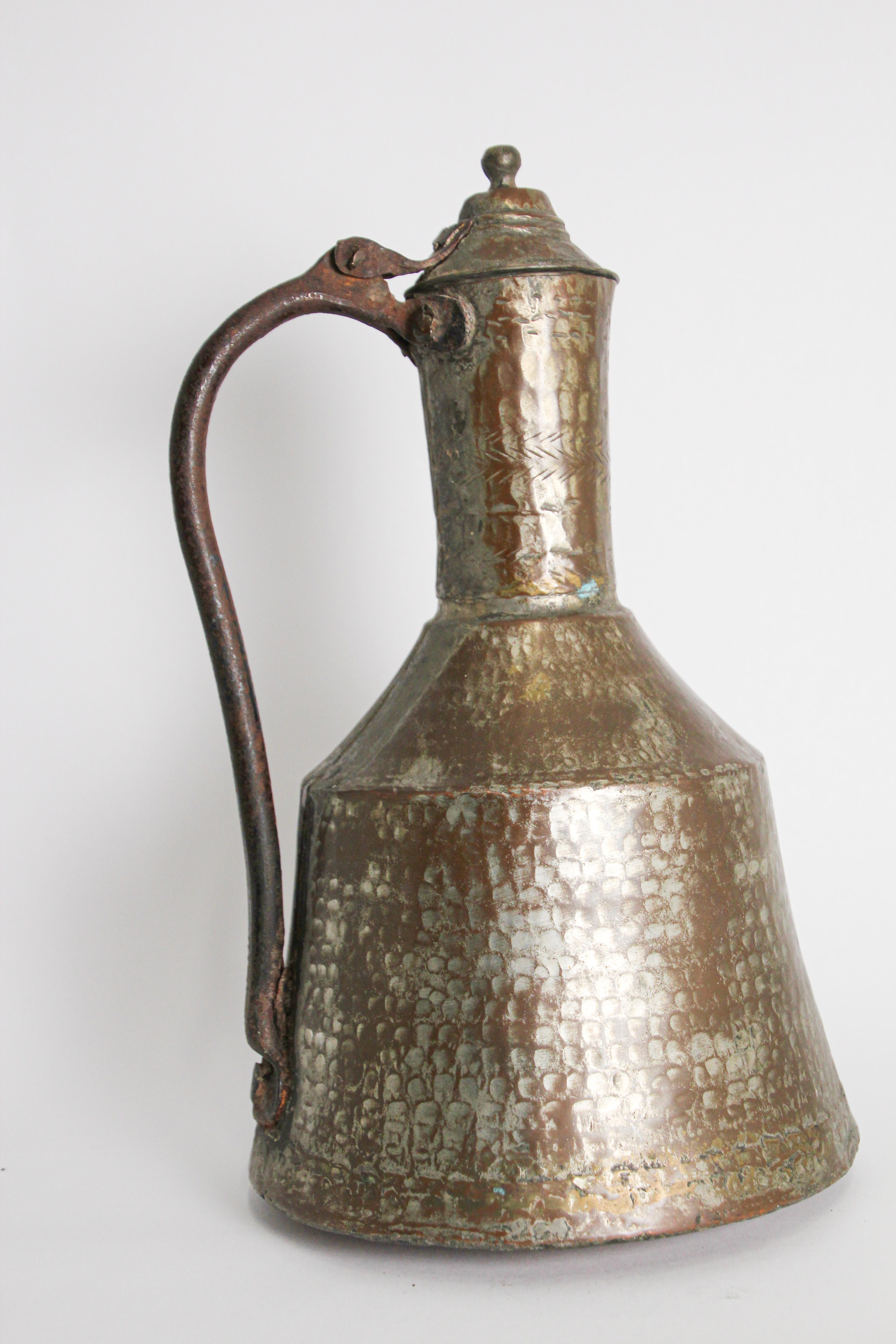 Moorish Antique 19th Century Middle Eastern Tinned Copper Ewer For Sale