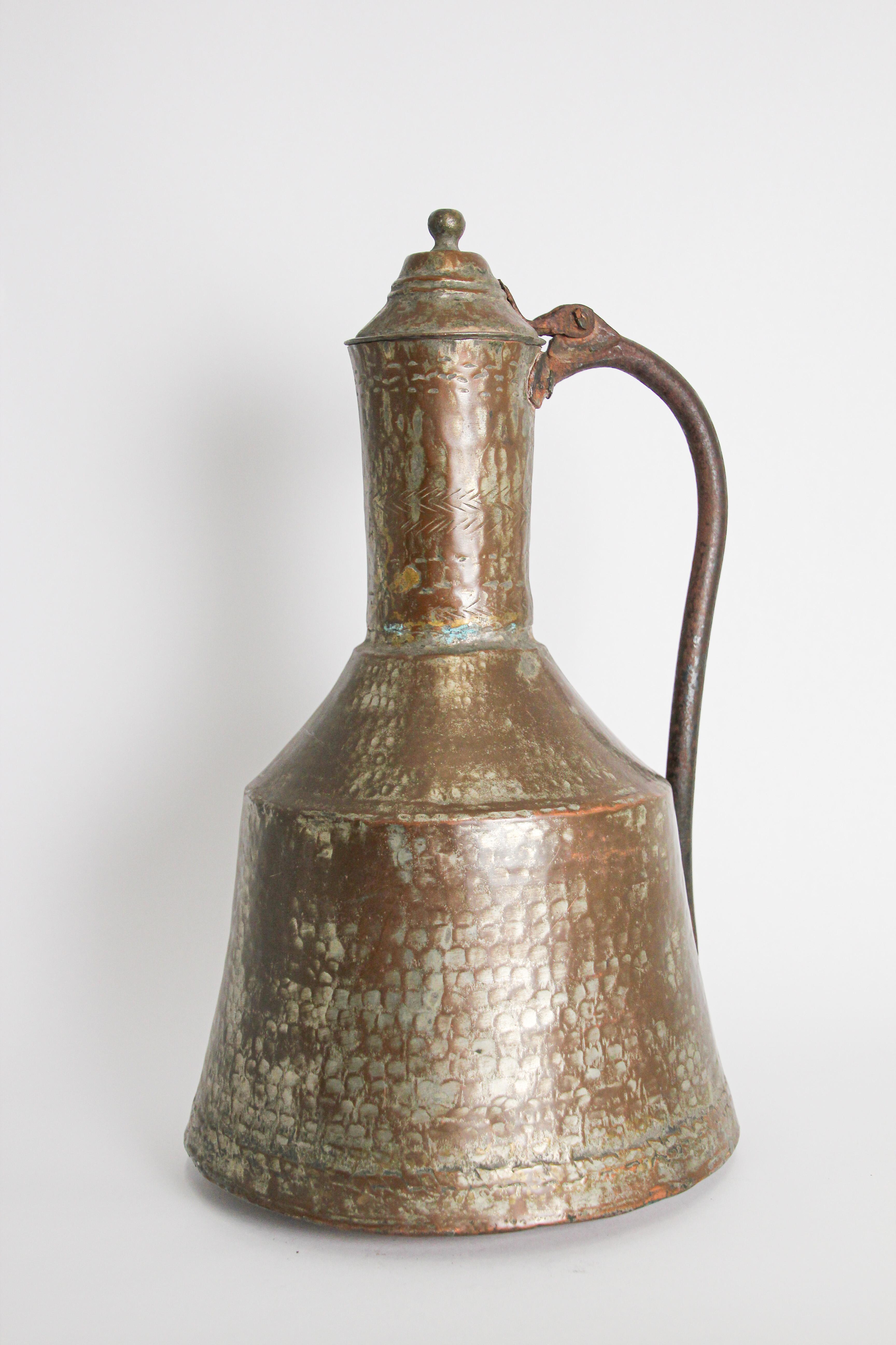 Hammered Antique 19th Century Middle Eastern Tinned Copper Ewer For Sale