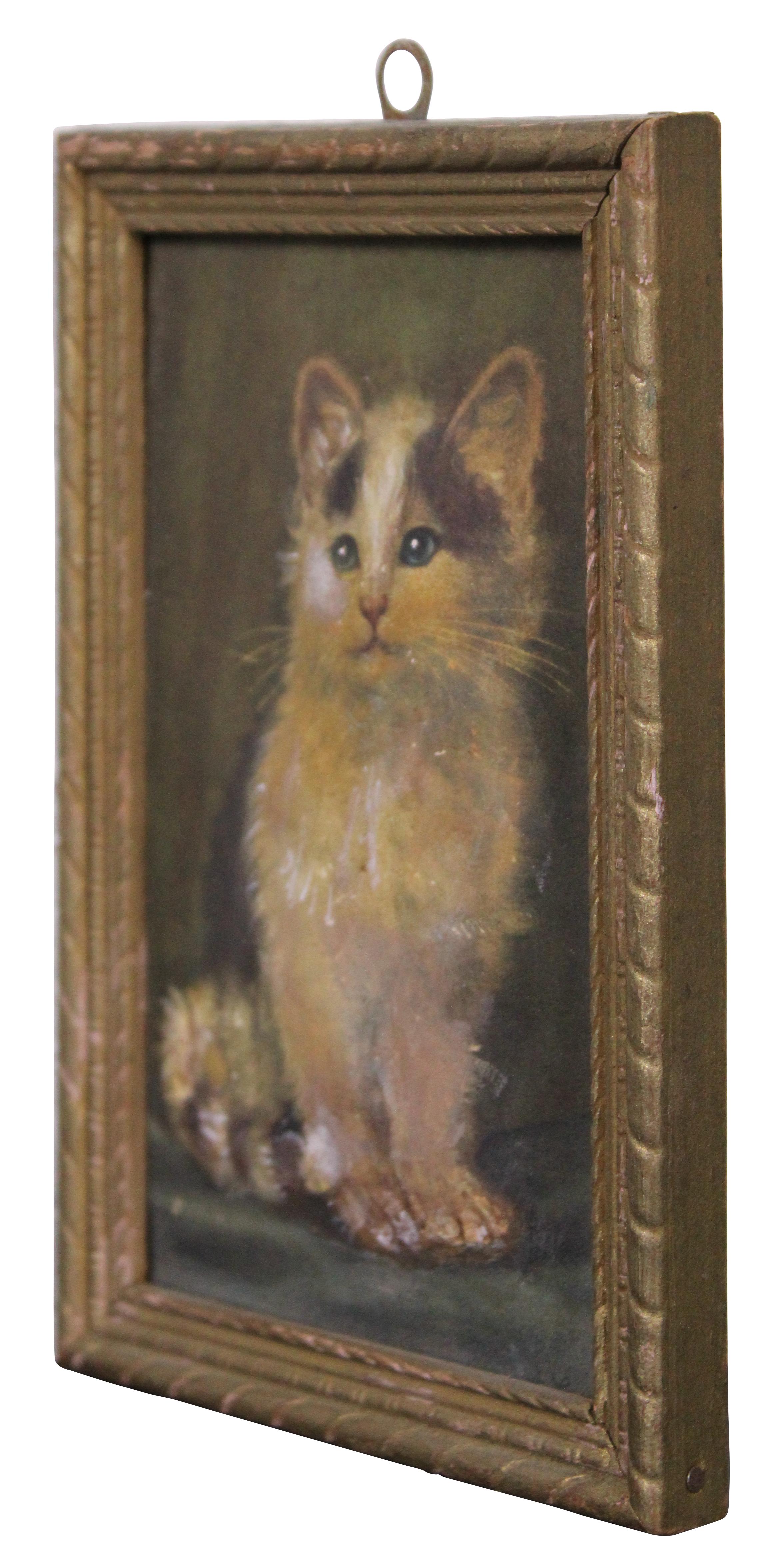Small antique 19th century watercolor painting of a fluffy kitten, molded over a raised surface to be slightly 3-dimensional.

Measures: 4.25” x 0.5” x 6.25” / Sans Frame - 3.125” x 5.25” (Width x Depth x Height).