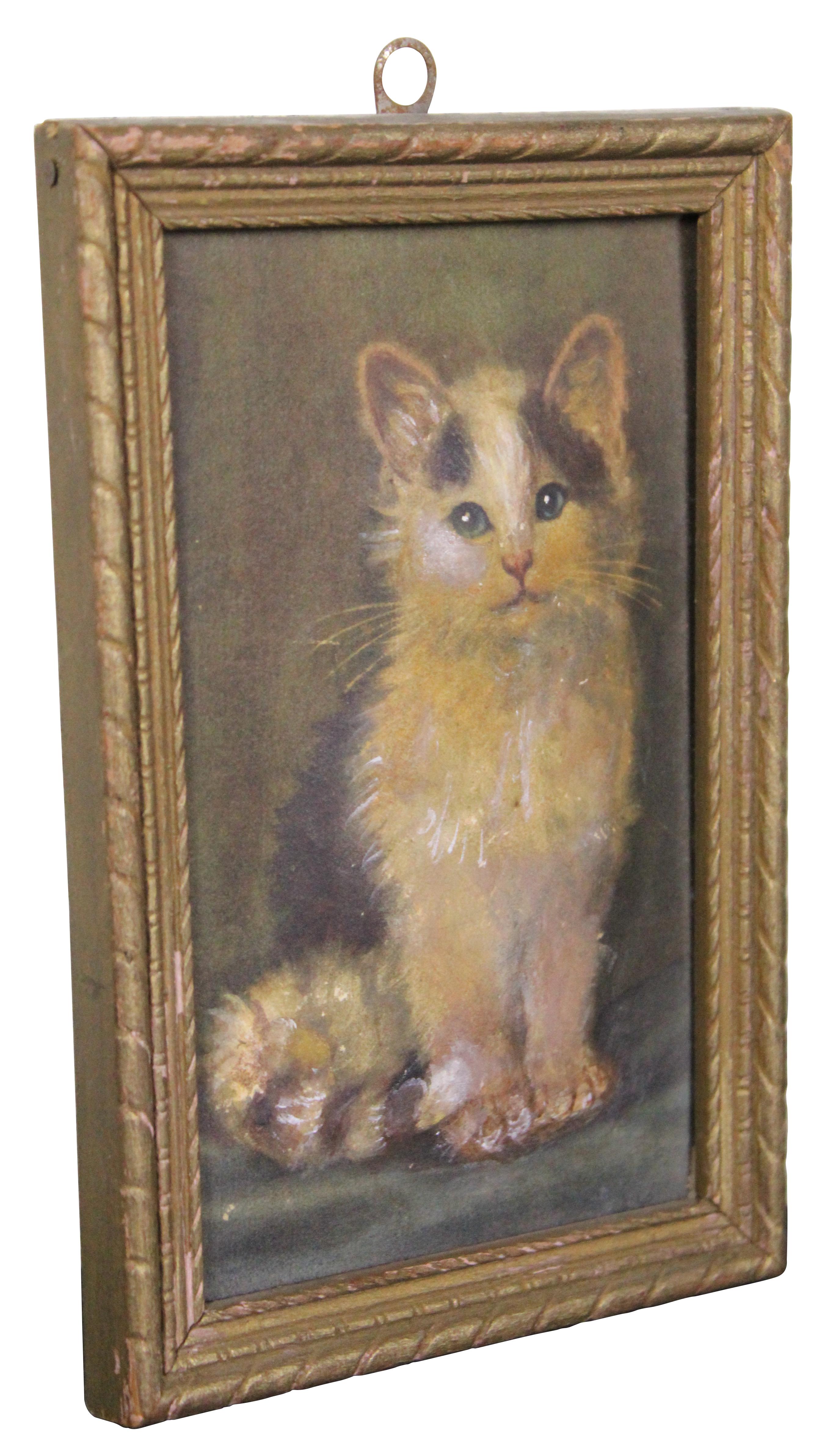 Antique 19th Century Miniature Victorian Watercolor Portrait Painting Cat Kitten In Good Condition In Dayton, OH