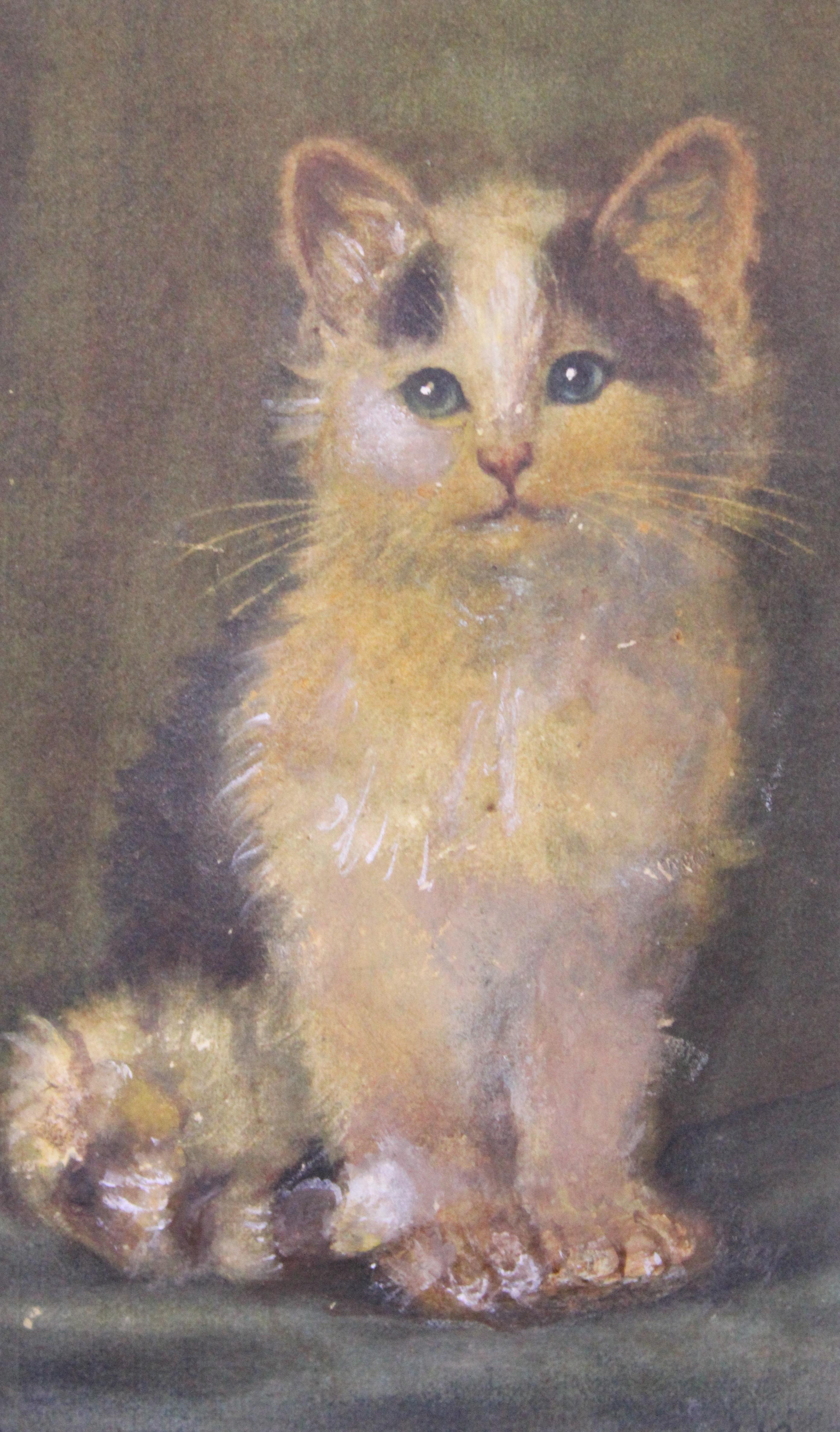 Antique 19th Century Miniature Victorian Watercolor Portrait Painting Cat Kitten 2