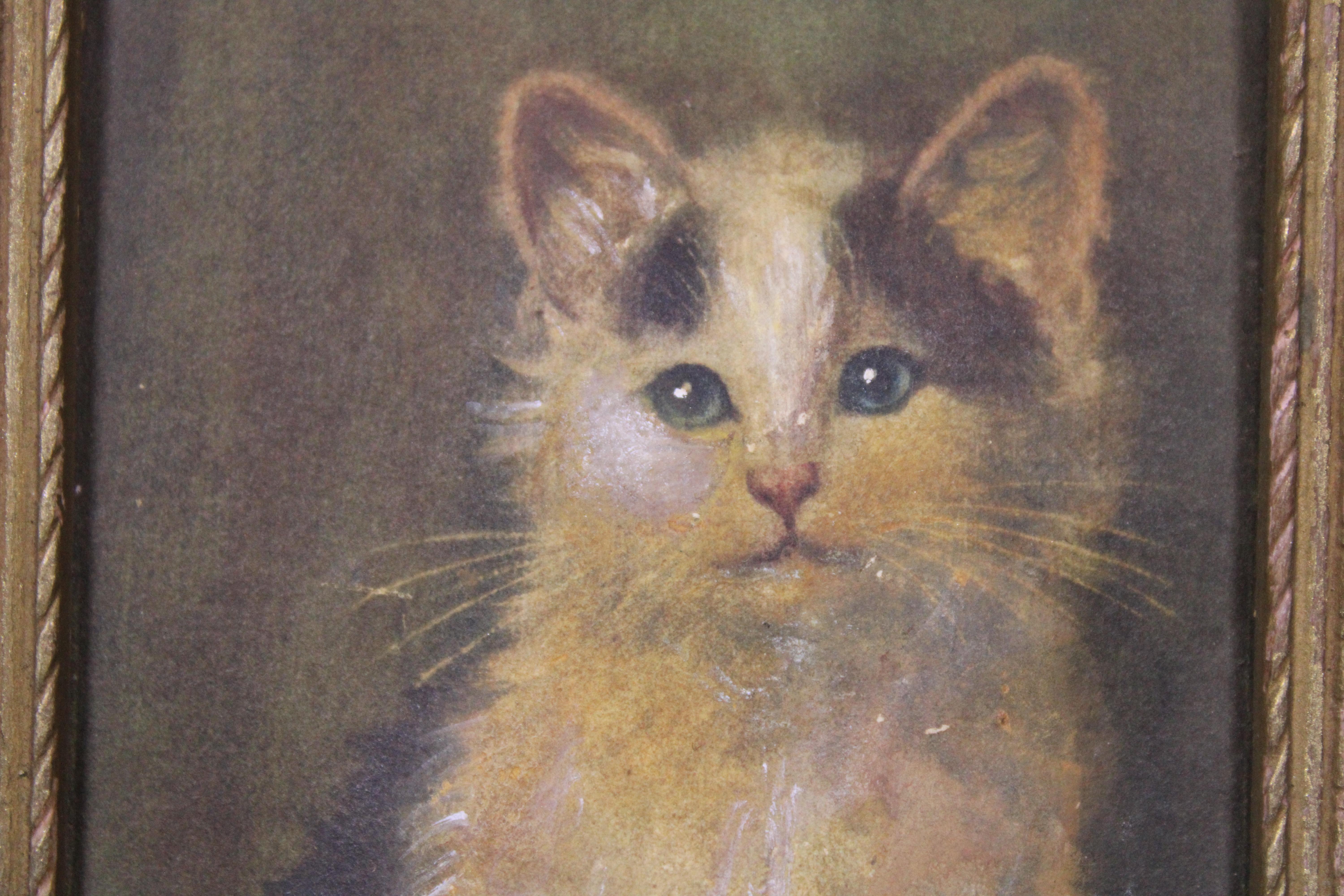 Antique 19th Century Miniature Victorian Watercolor Portrait Painting Cat Kitten 4