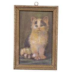 Antique 19th Century Miniature Victorian Watercolor Portrait Painting Cat Kitten