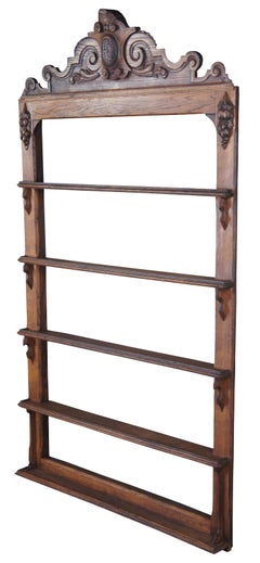 Antique 19th Century Monumental French Quartersawn Oak Carved Plate Rack Display