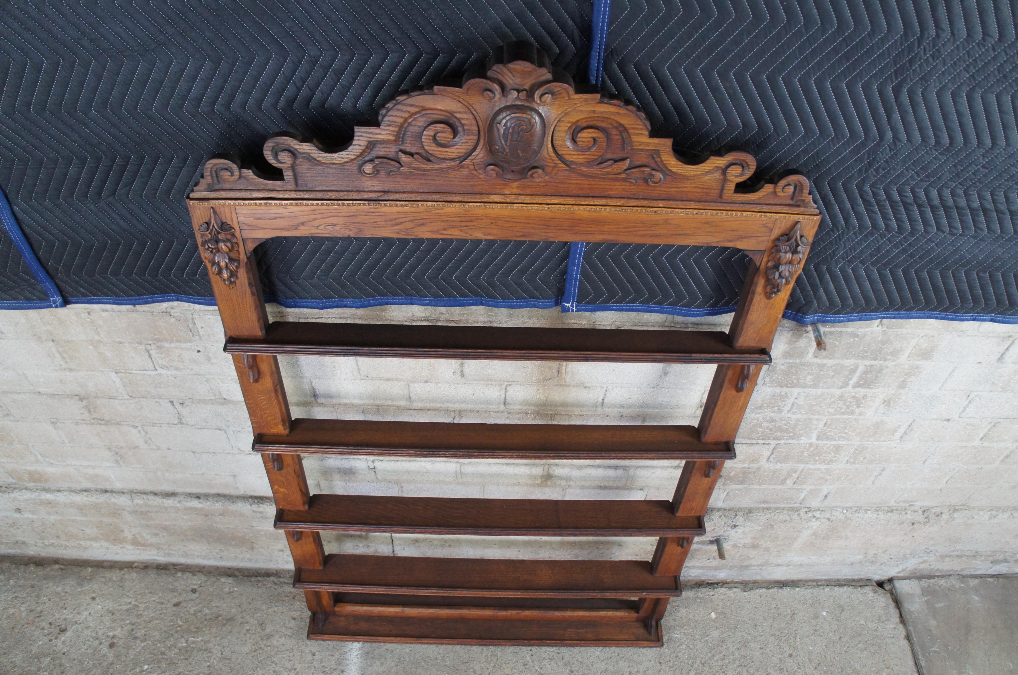 Antique 19th Century Monumental French Quartersawn Oak Carved Plate Rack Display 1