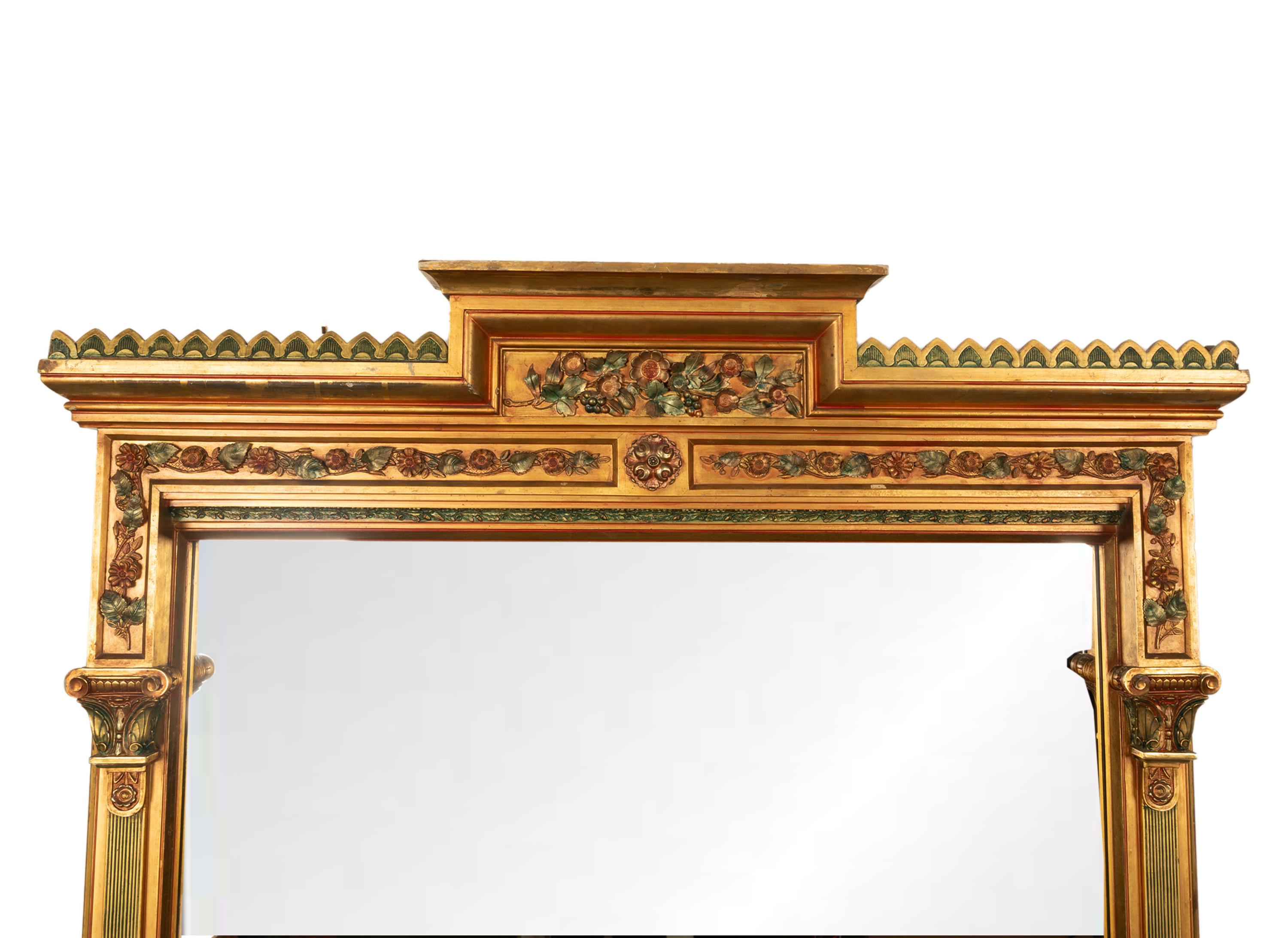 Intagliato Antique Mirror monumentale del XIX secolo in legno dorato a tutta lunghezza 1860 in vendita