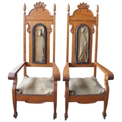 Antique 19th Century Monumental Victorian Quartersawn Oak Carved Throne Chairs