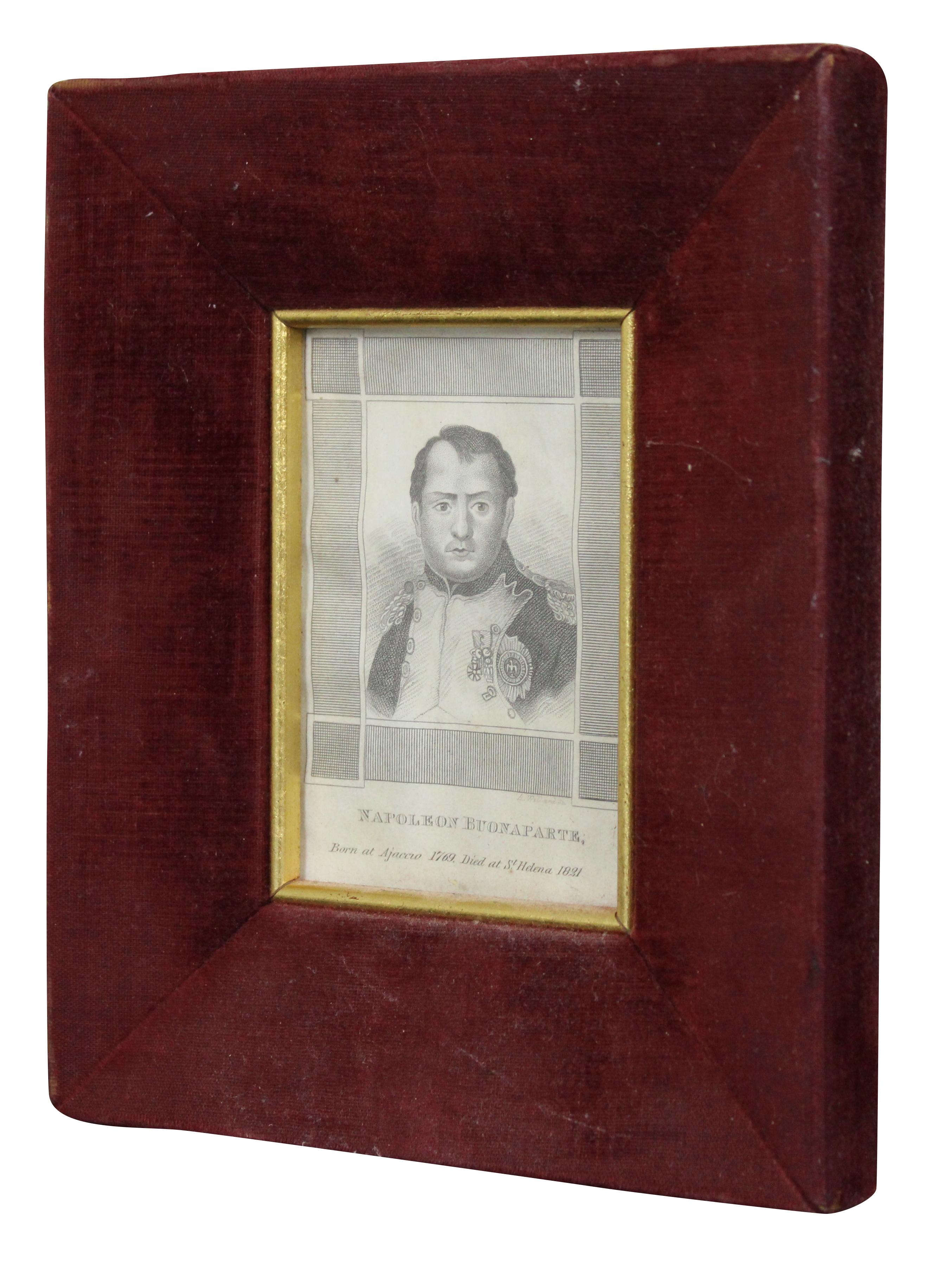 Antique 19th century miniature engraving and stipple etching on cream wove paper of Napoleon Buonaparte (1769-1821) by Asaph Willard (American, 1786–1880) displayed in a red velvet frame. Napoleon Bonaparte French military and political leader who