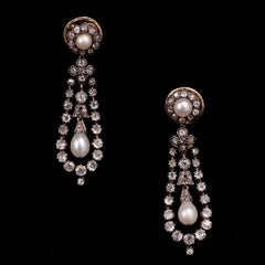 Antique 19th Century Natural Pearl Diamond Chandelier Drop Earrings Silver Gold
