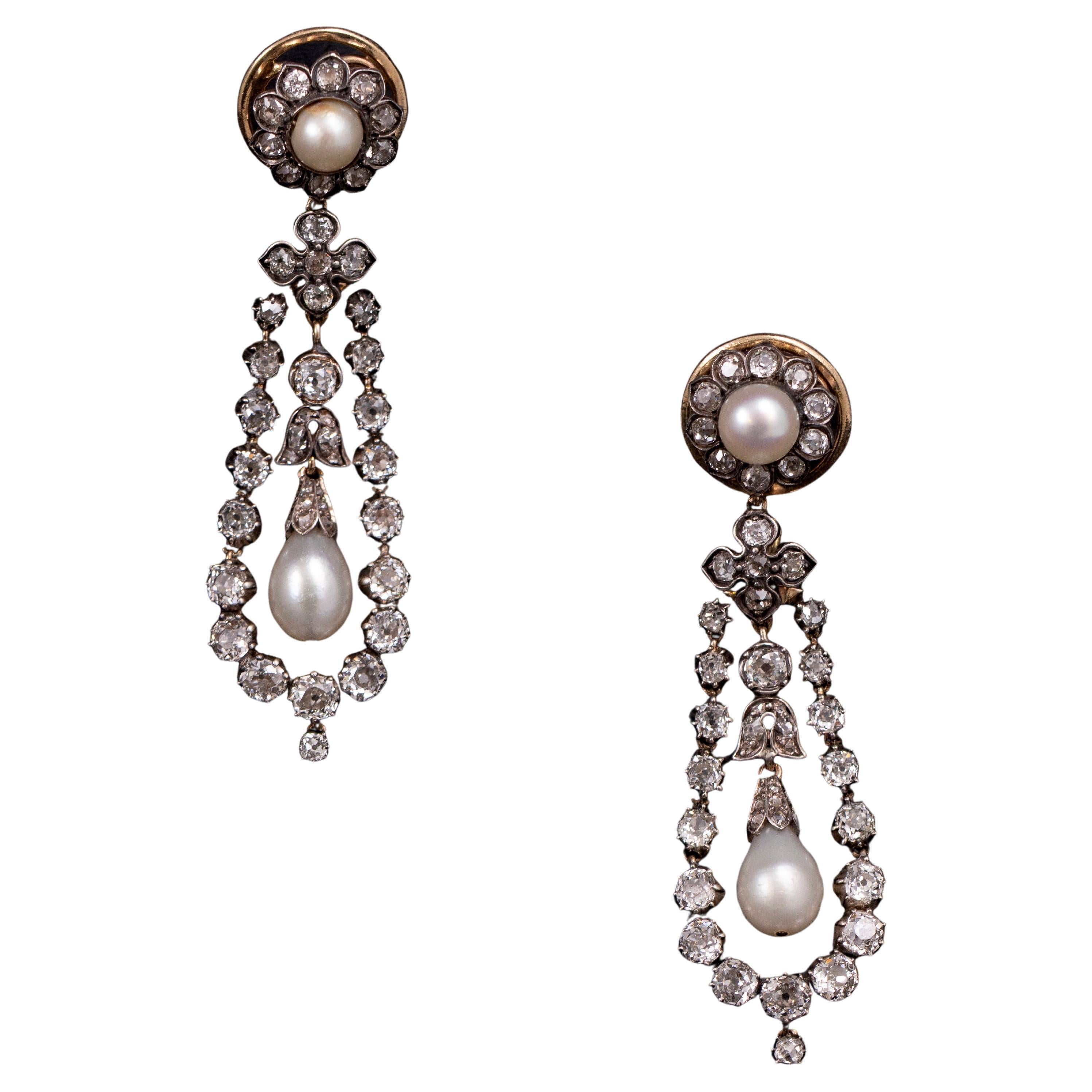 Antique 19th Century Natural Pearl Diamond Chandelier Drop Earrings Silver Gold