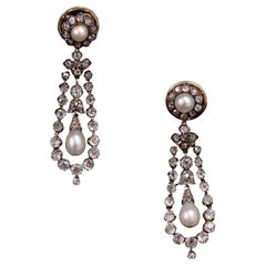 Antique 19th Century Natural Pearl Diamond Chandelier Drop Earrings Silver Gold