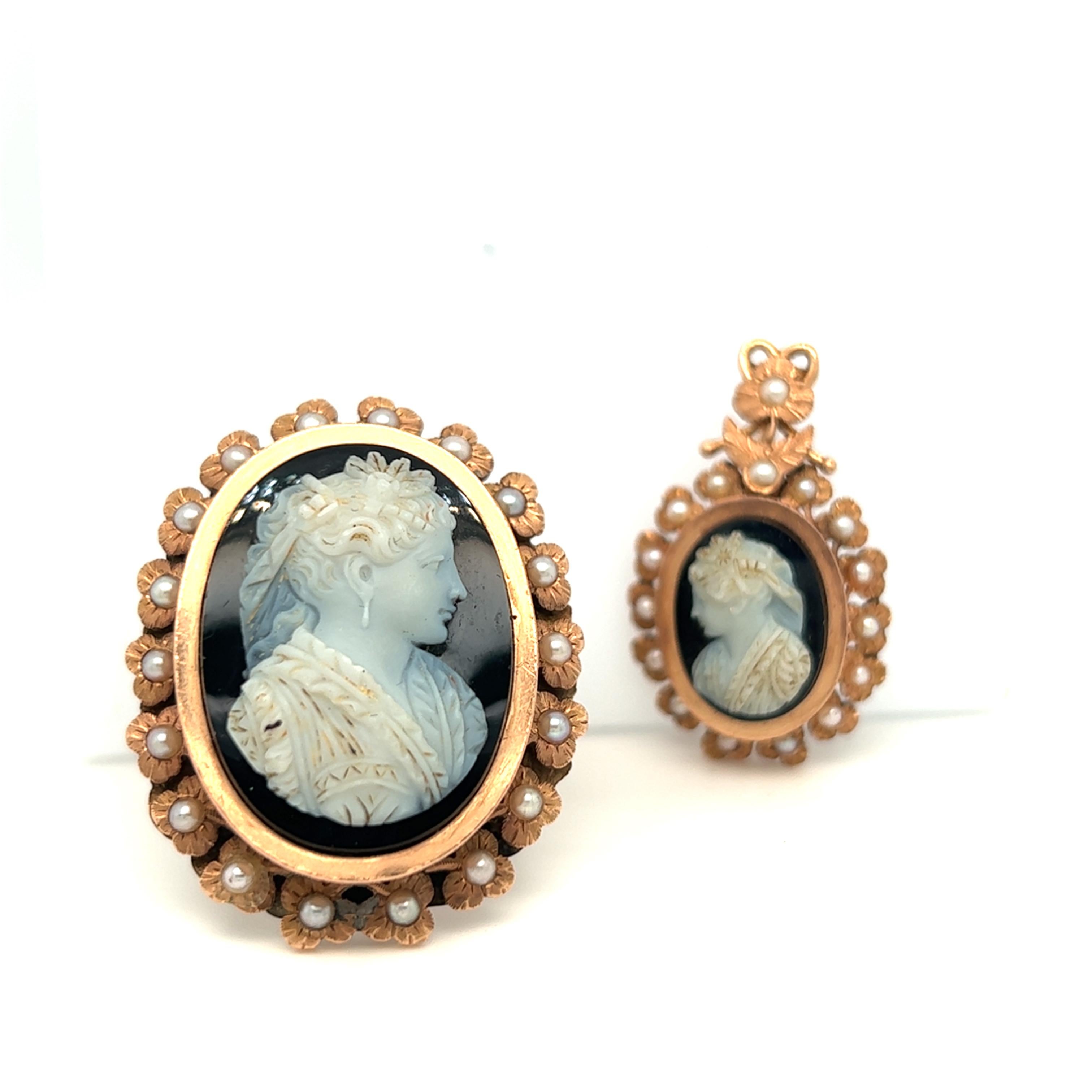 Napoleon III Antique 19th Century Natural Pearl Onyx Cameo Ring and Pendant Set For Sale