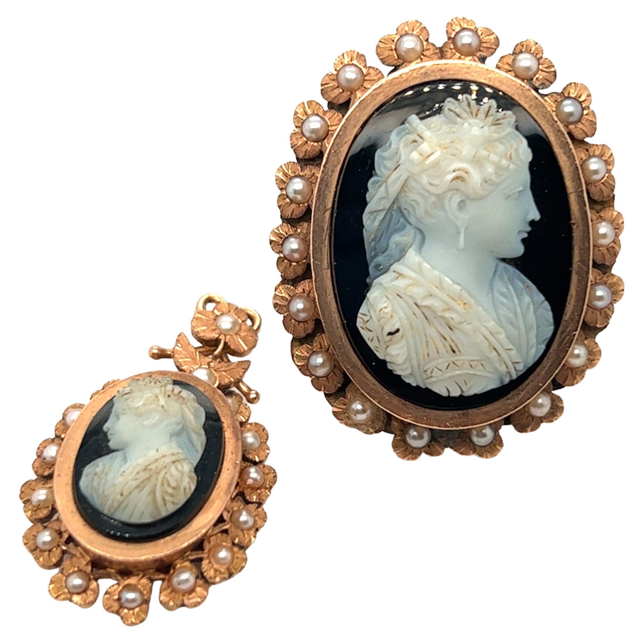 Oval Cut Antique 19th Century Natural Pearl Onyx Cameo Ring and Pendant Set For Sale