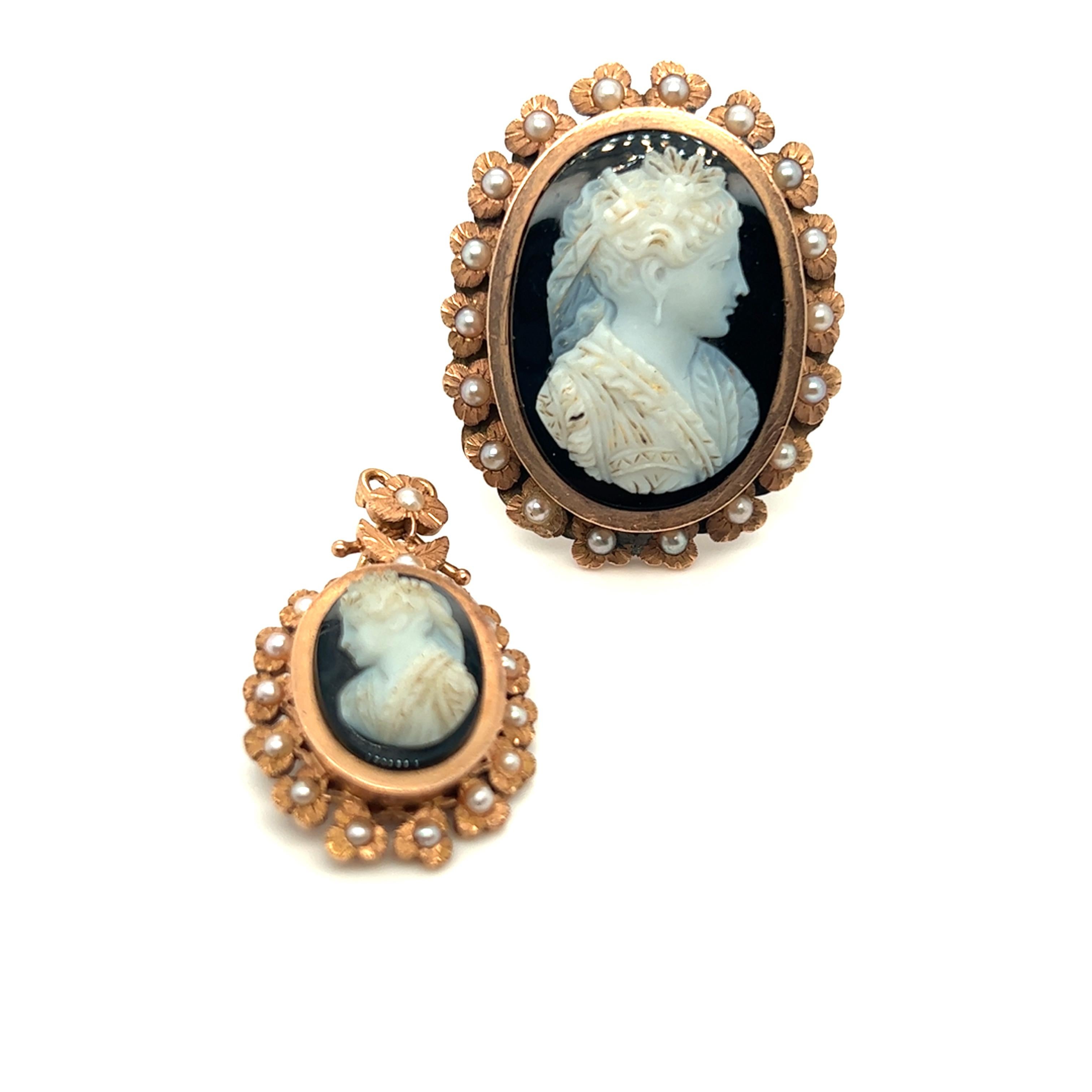 Antique 19th Century Natural Pearl Onyx Cameo Ring and Pendant Set For Sale 2