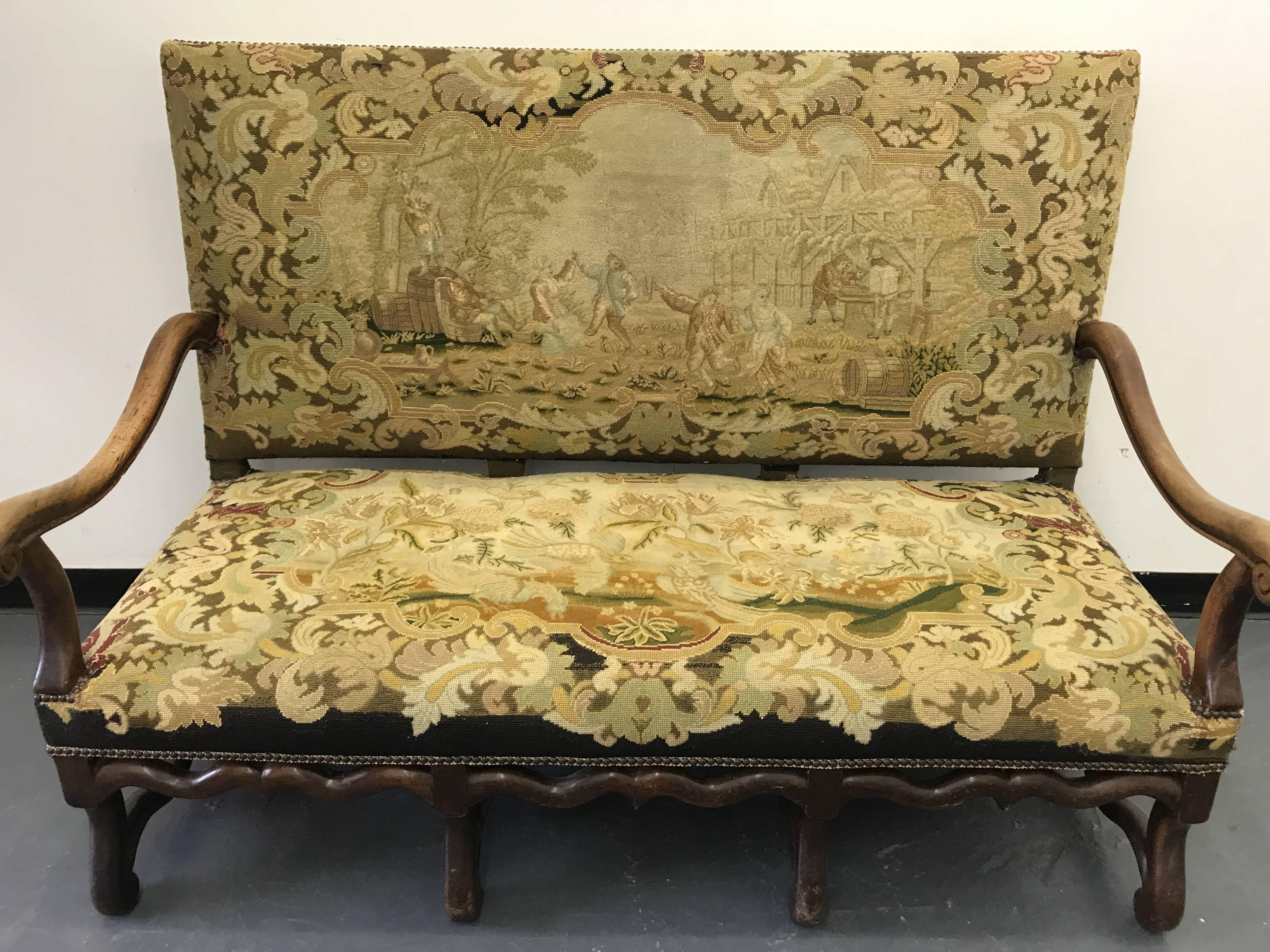Antique 19th Century Needlepoint and Petit Point sofa. Sofa is in excellent condition. Needlepoint was completely removed, cleaned and fully restored and the entire insert was redone by upholster. Back of the sofa is finished with raw silk. Sofa
