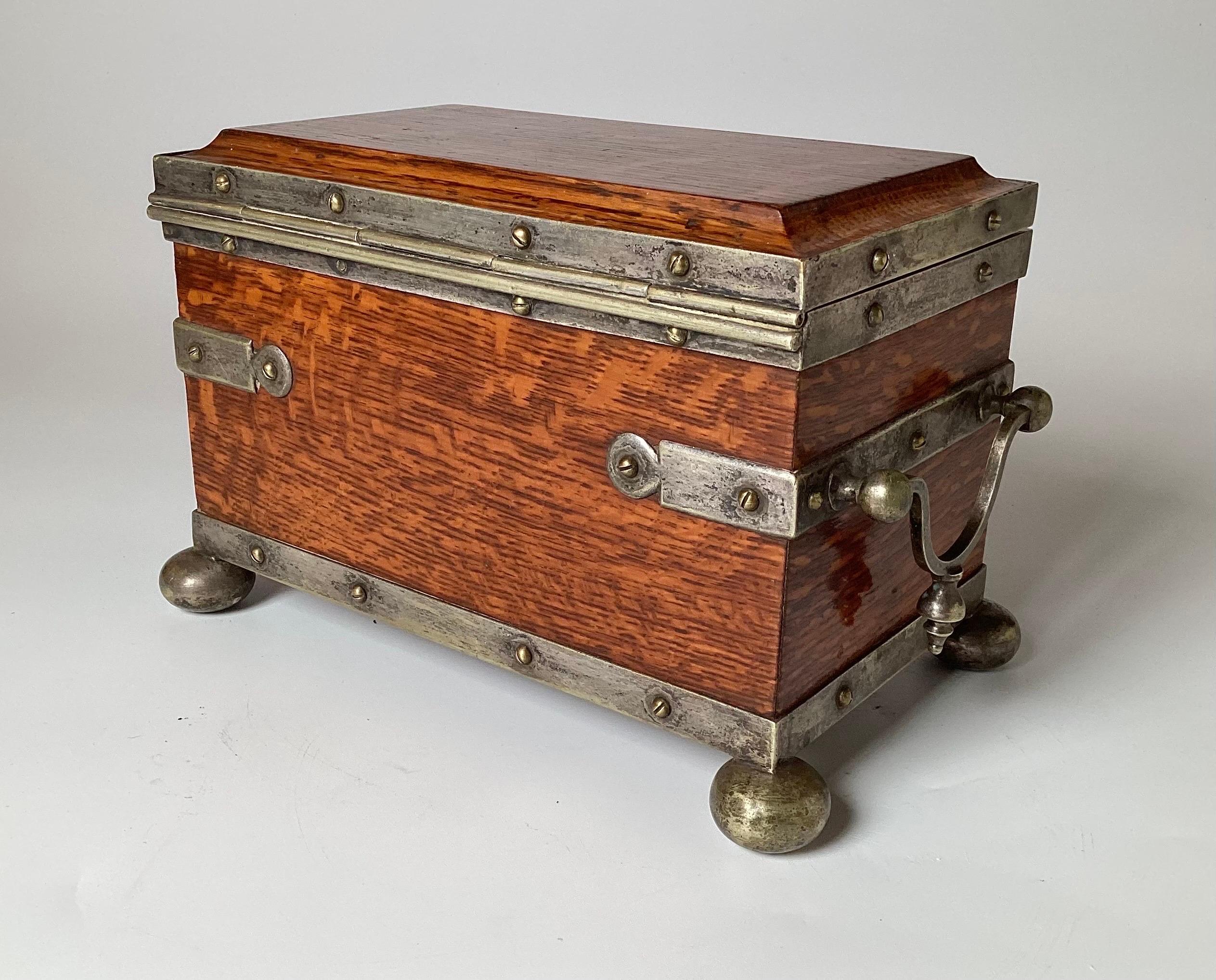 Mid-19th Century Antique 19th Century Oak and Silver Plate Banded Tea Caddy For Sale