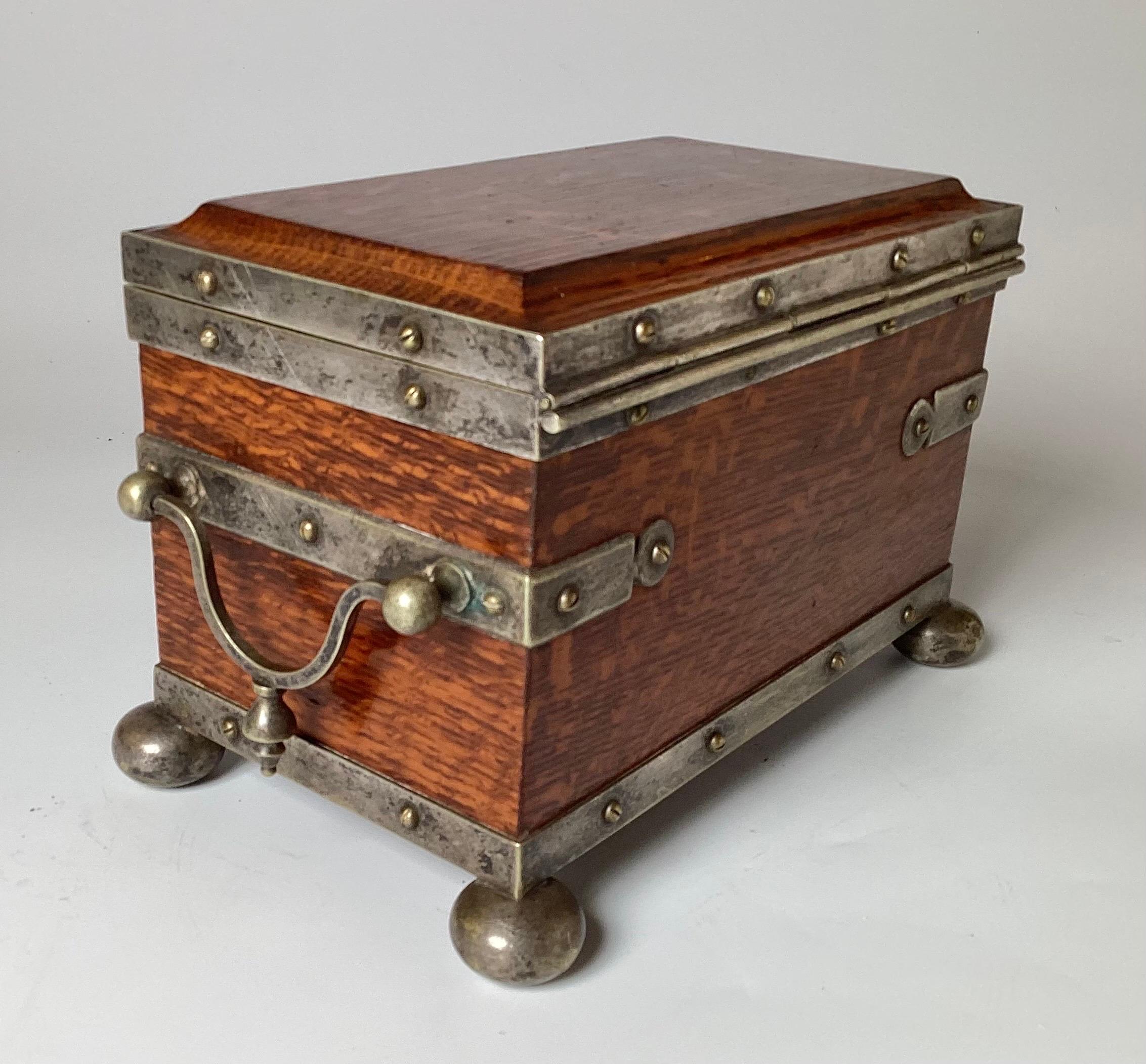Antique 19th Century Oak and Silver Plate Banded Tea Caddy For Sale 1