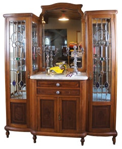 Antique 19th Century Oak Buffet Double Curio Bar Back Stained Glass Marble