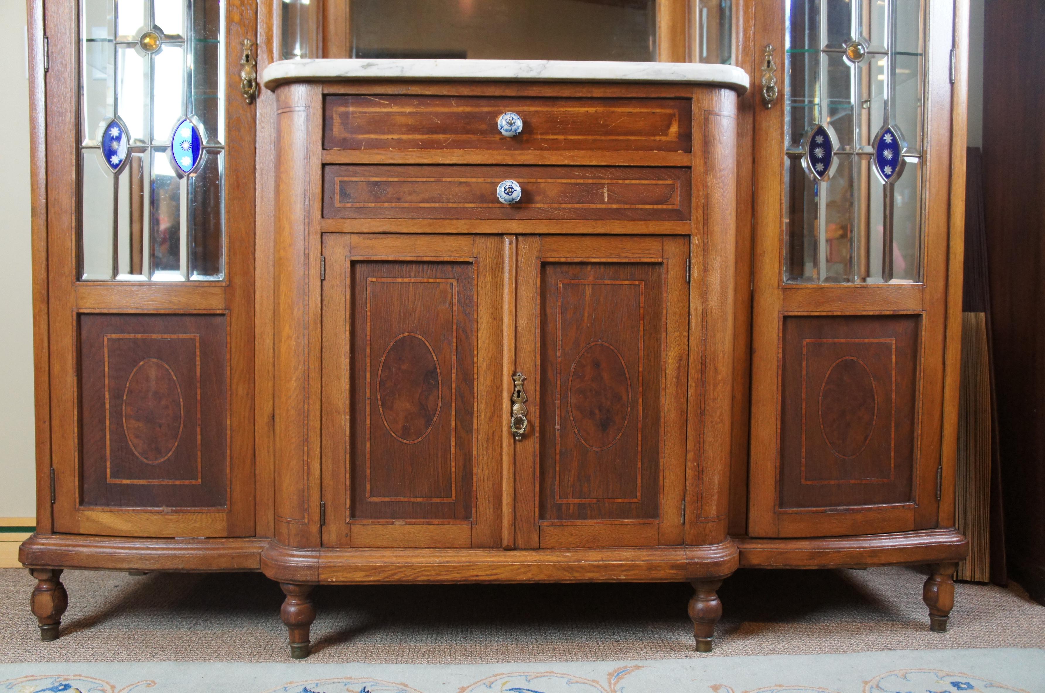 North American Antique 19th Century Oak Buffet Double Curio Bar Back Stained Glass Marble