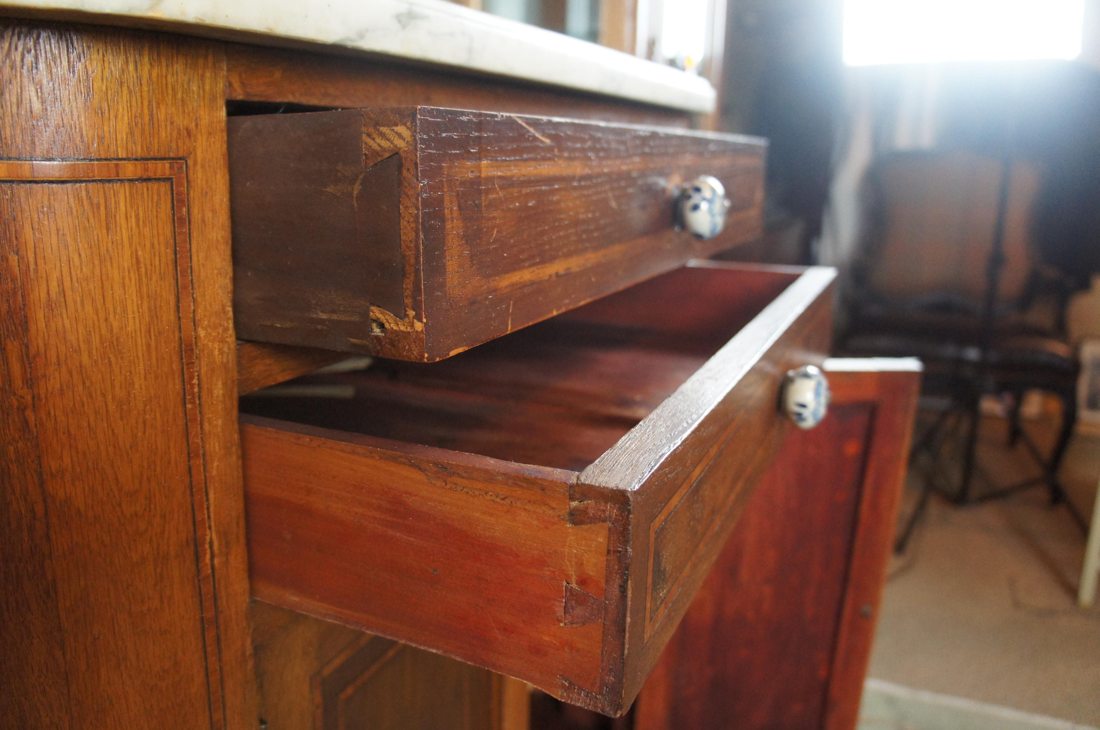 Antique 19th Century Oak Buffet Double Curio Bar Back Stained Glass Marble 2